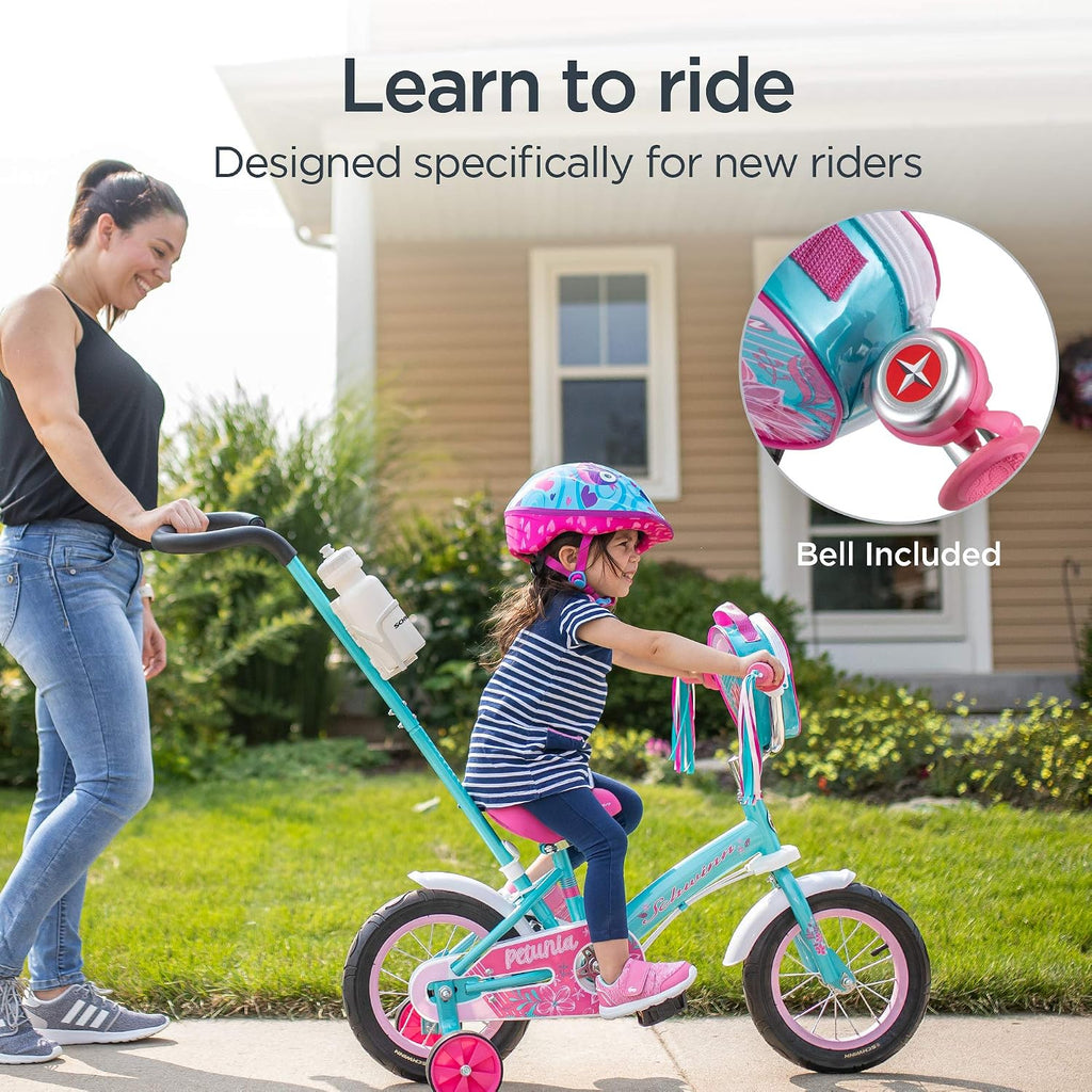 Schwinn Petunia and Grit Bike, Bike for Kids Ages 2-4, Steerable Beginner Bicycle with Training Wheels, Parent Push Handle, Rear Coaster Brake, Adjustable Seat