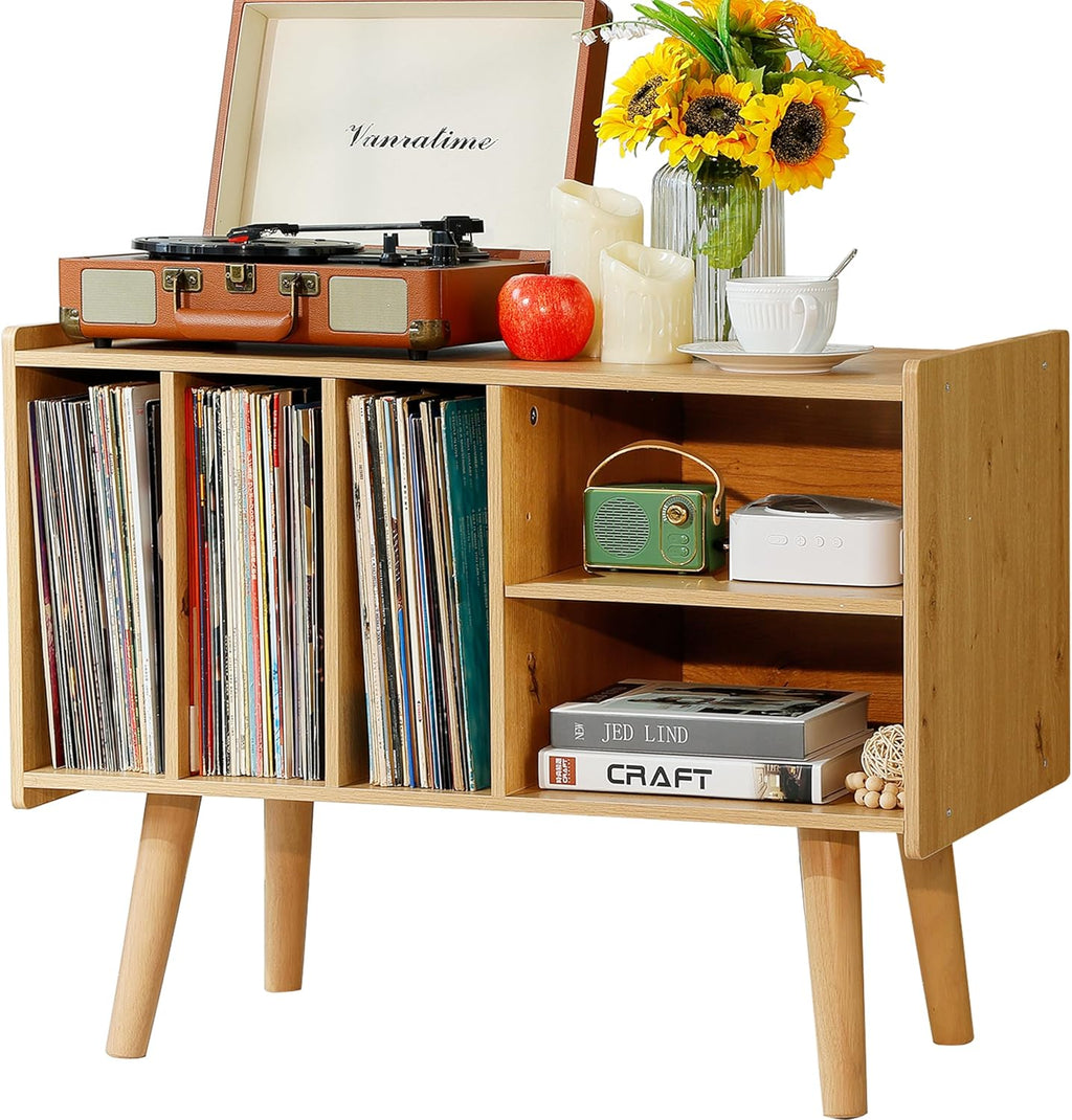 Record Player Stand with Vinyl Storage Holds Up to 300lb, Large Record Player Table Cabinet for Album Storage with Holder Vinyl Display Shelf, Wood Turntable Stand for Bedroom Living Room (Nature)