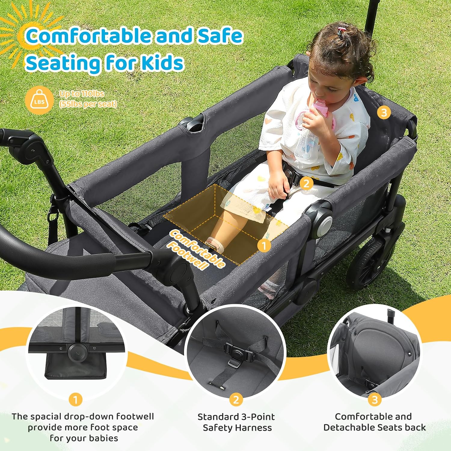 ELEMARA Foldable Wagon Stroller, Stroller Wagon for 2 Kids, Premium All Terrain Wagon for Kids with Removable Canopy, Adjustable Push/Pull Handle, Harnesses, Large Storage Bag, Gray