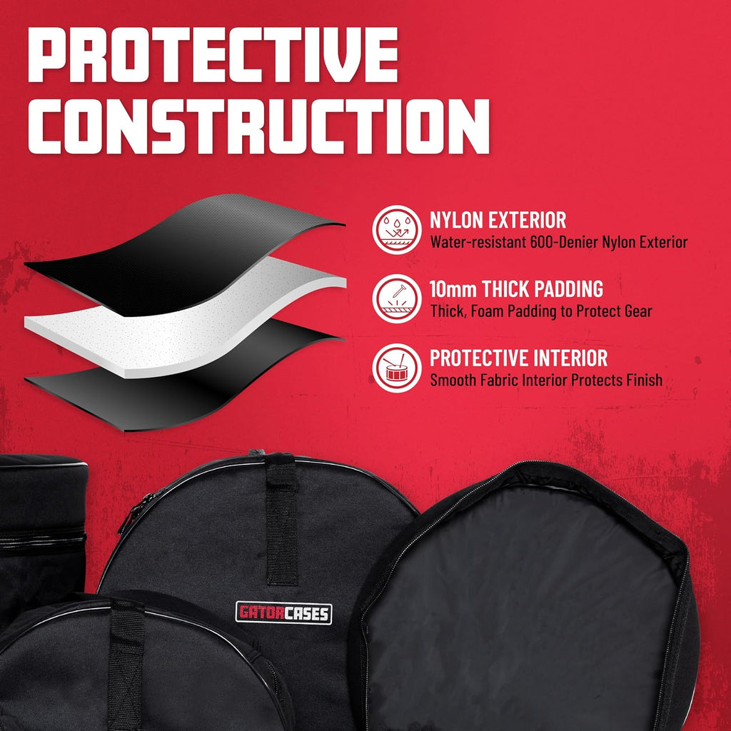 Gator Cases Protechtor Series Five Piece Padded Nylon Gig Bags for Fusion Style Drum Sets, Fits - 22'X18', 10'X9', 12'X10', 16'X16', 14'X5.5' (GP-FUSION16)