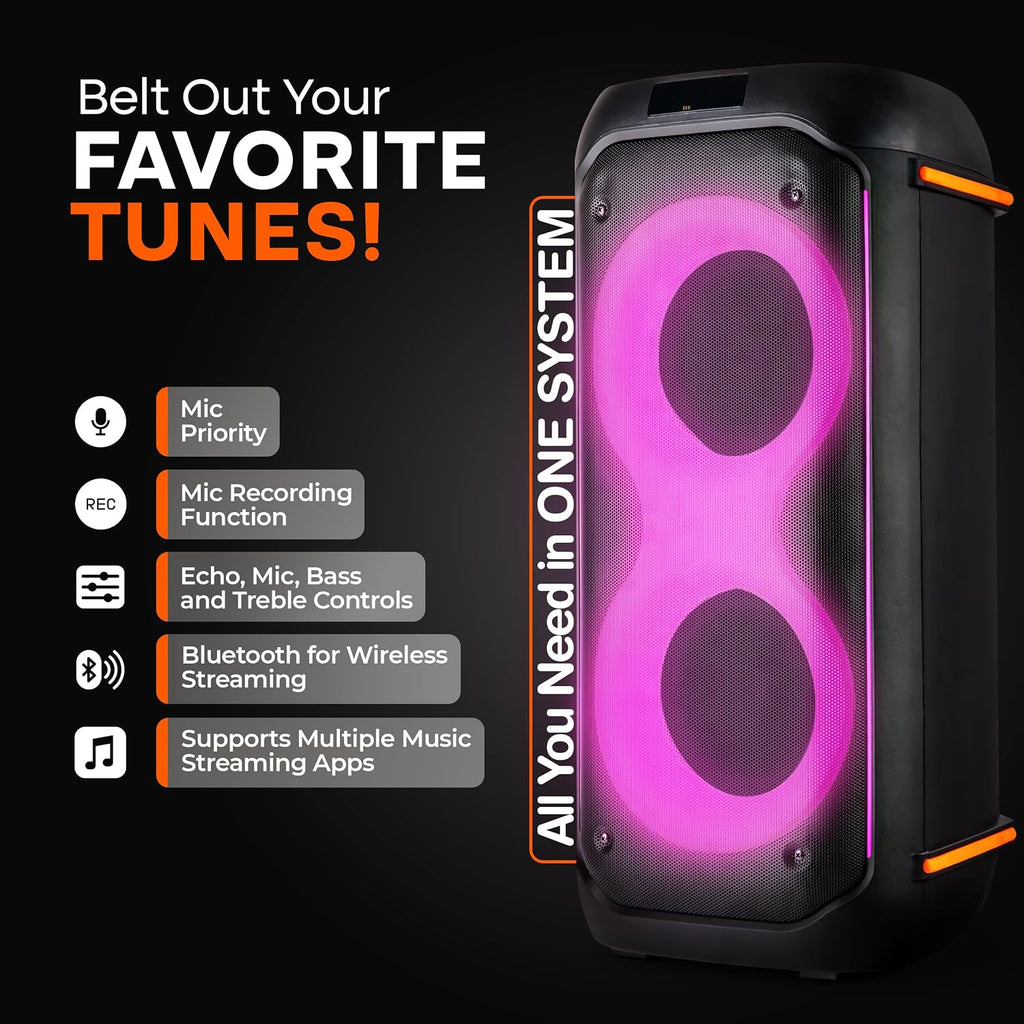 Pyle Compact Bluetooth PA Party Speaker System – 160W Portable Karaoke Machine with Built-in Battery, TWS, Mic Priority, USB/SD/BT/FM, Flashing LED Lights, Dual 6.5' Speakers, 11.6' x 11.6' x 25.2'