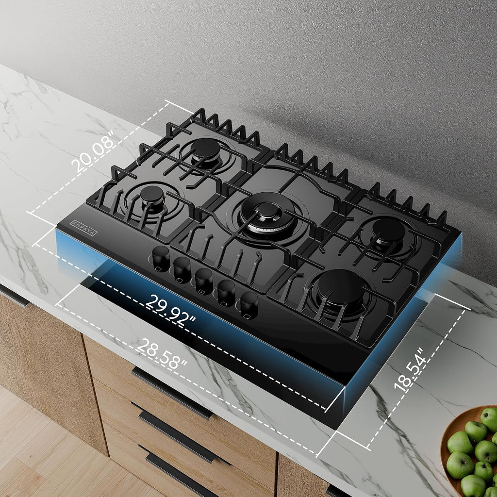 Empava 30' Gas Stove Cooktop LPG/NG Convertible with 5 Italy SABAF Burners Tempered Glass in Black, 30 Inch