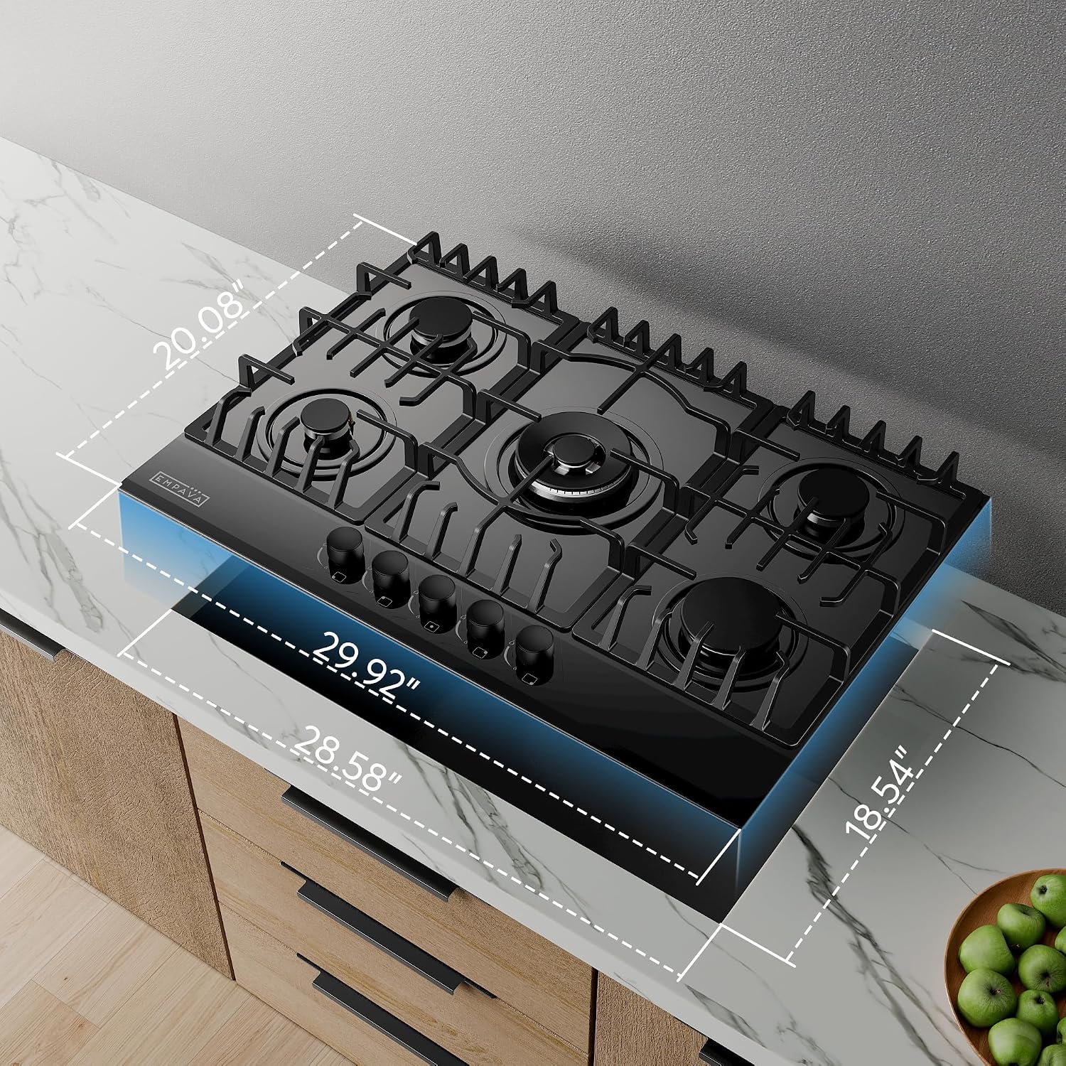 Empava 30' Gas Stove Cooktop LPG/NG Convertible with 5 Italy SABAF Burners Tempered Glass in Black, 30 Inch
