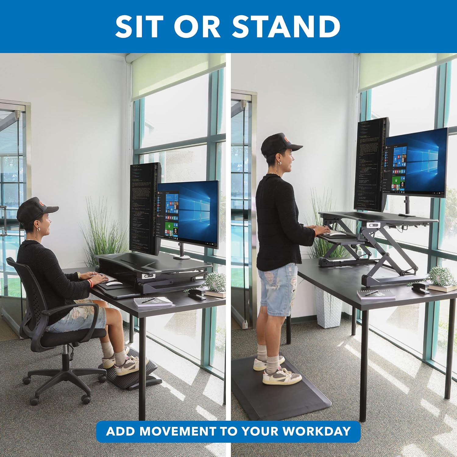 Mount-It! Electric Standing Desk Converter with Dual Monitor Arms for 2 Screens (Max 32'), Large 35.4' Wide Desktop, Motorized Stand Up Desk Riser, Keyboard Tray, USB, Black Stand up Desk Convertor