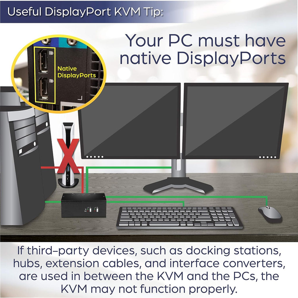 TRENDnet 2-Port 4K Dual Monitor DisplayPort KVM Switch with Audio, TK-240DP, 2560 x 1440 @ 144Hz, 2-Port USB 2.0 Hub, Connect Two Monitors, NDAA + TAA Compliant, Black