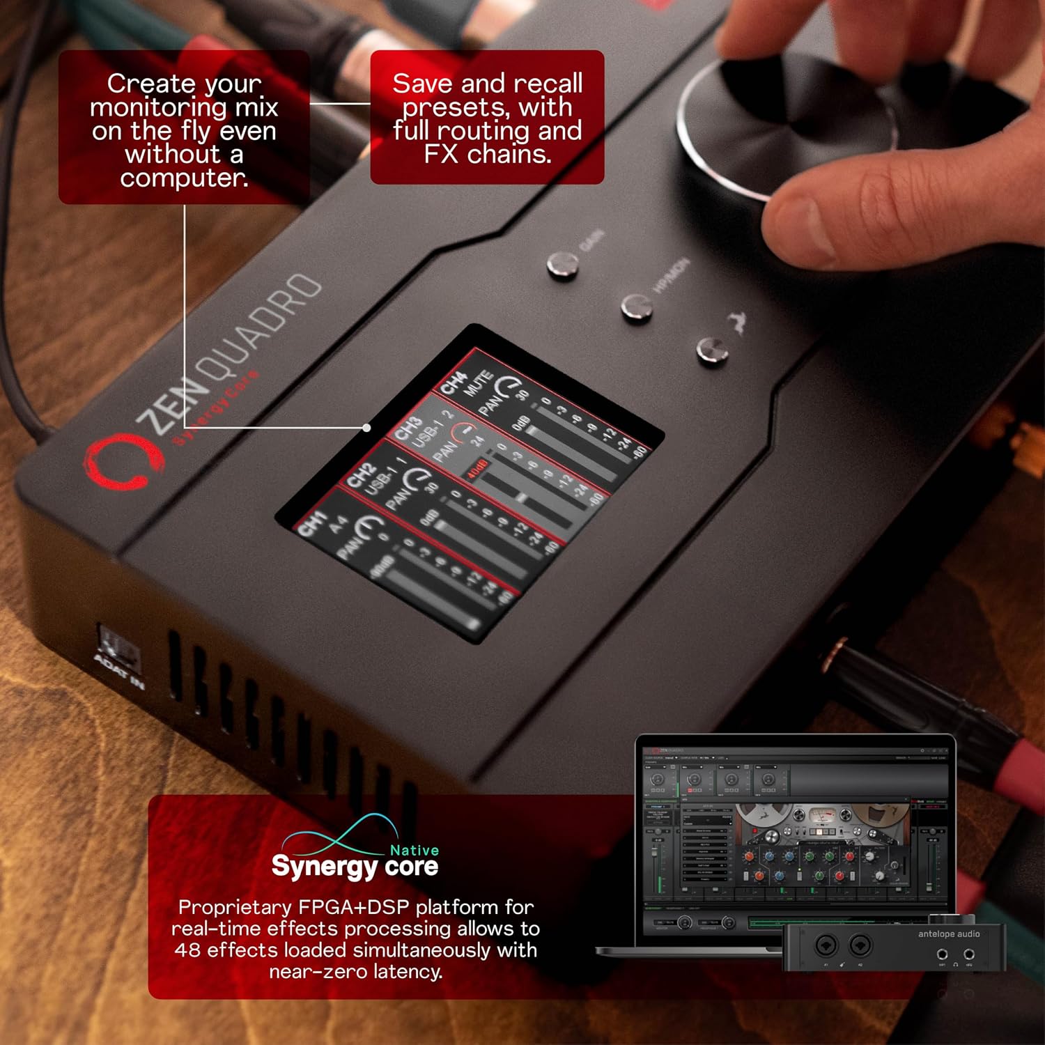 Antelope Audio Zen Quadro USB-C Podcast & Recording Interface — 4 Discrete Studio-Grade Mic Preamps, Pro Conversion & Clocking, Built-In Studio Effects — Bus-Powered — 14-In/10-Out