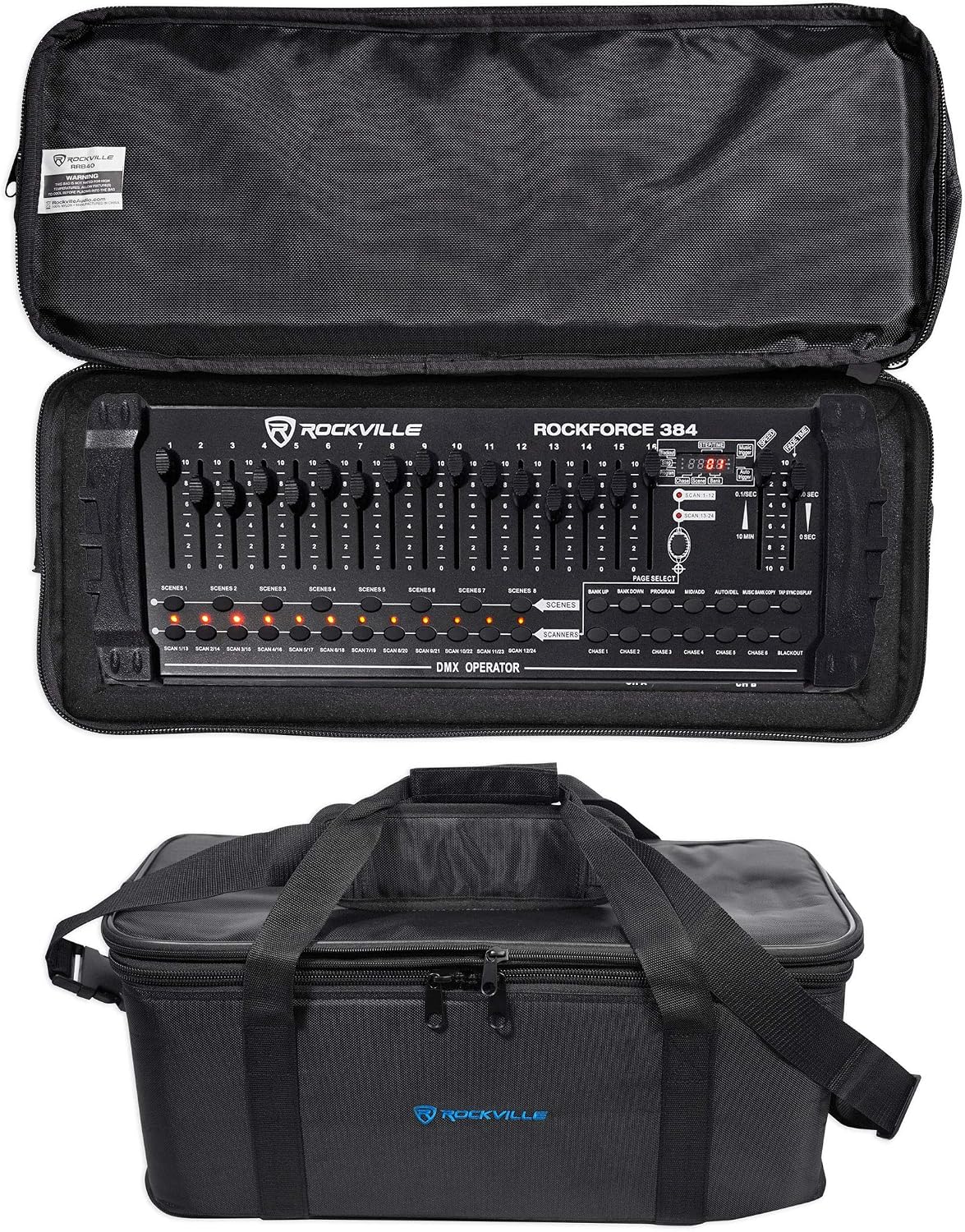 Rockville ROCKFORCE Bundle: 384 Channel DMX Light/Fog Controller with MIDI Control, RRB40 4U Rack Bag with 12' Depth and Shoulder Strap, 2-Items
