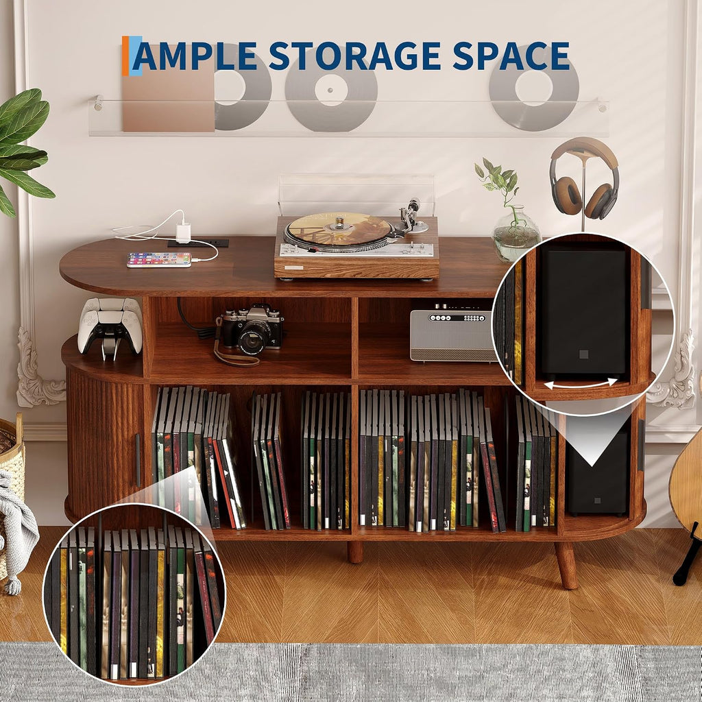 Garvee 55'' Fluted Mid Century Modern Turntable Cabinet with Vinyl Storage, Large Round Record Player Stand with Charging Station and Display Shelf, Arched Wood Record Player Table for Living Room