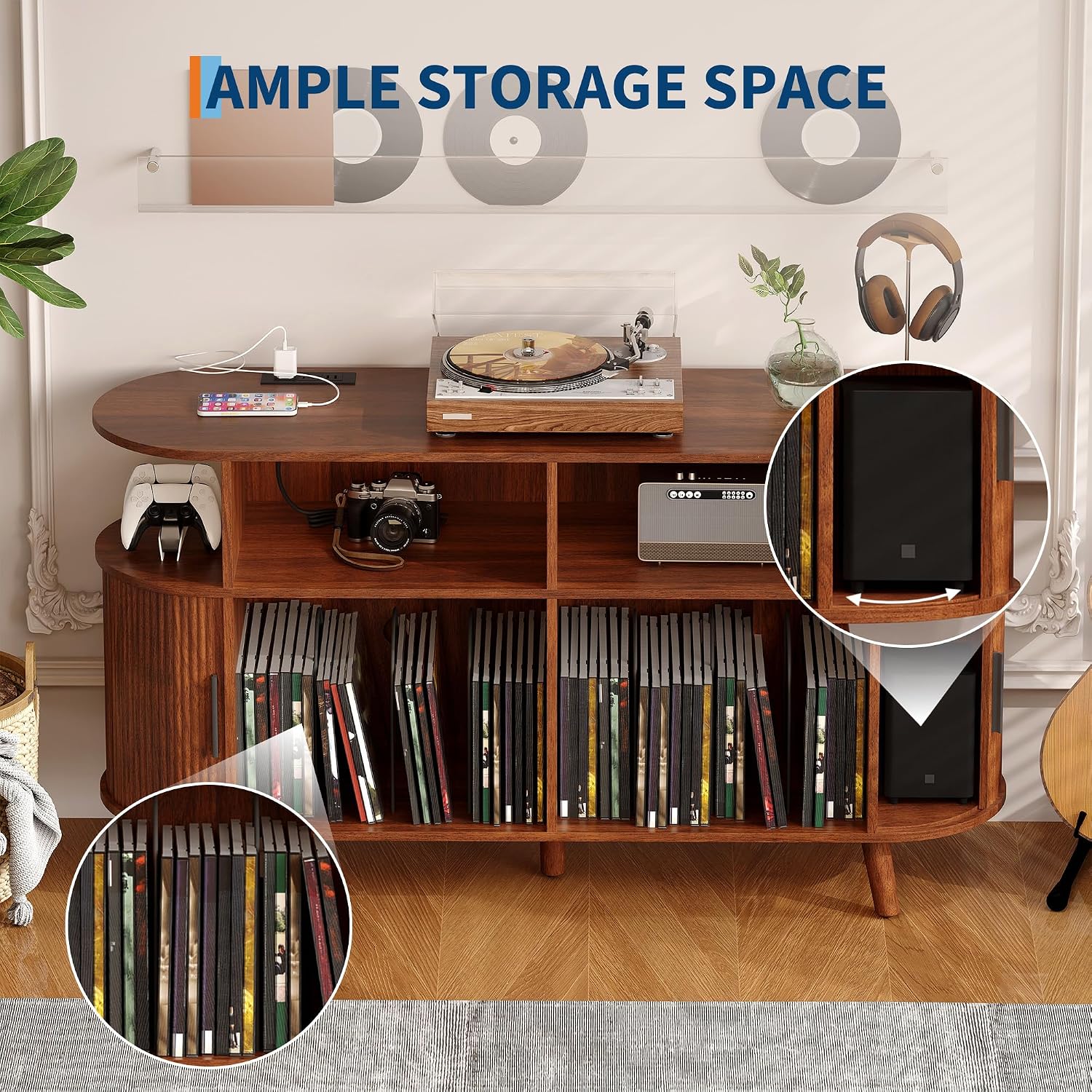 Garvee 55'' Fluted Mid Century Modern Turntable Cabinet with Vinyl Storage, Large Round Record Player Stand with Charging Station and Display Shelf, Arched Wood Record Player Table for Living Room