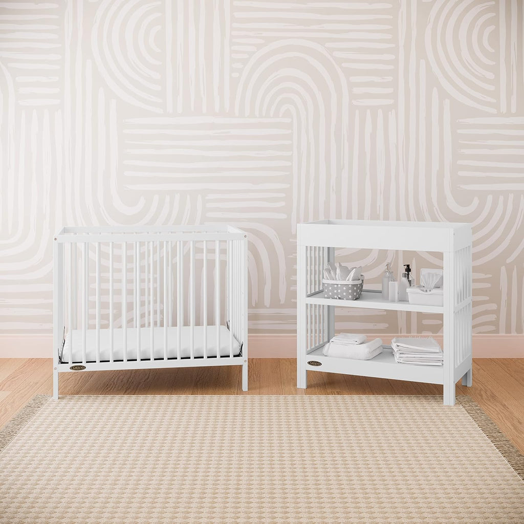 Graco Teddi 4-in-1 Convertible Mini Crib with Bonus Water-Resistant Mattress – GREENGUARD Gold Certified, 2.75-Inch Mattress Included, Small Spaces Crib, Easy 30-Minute Assembly (White)