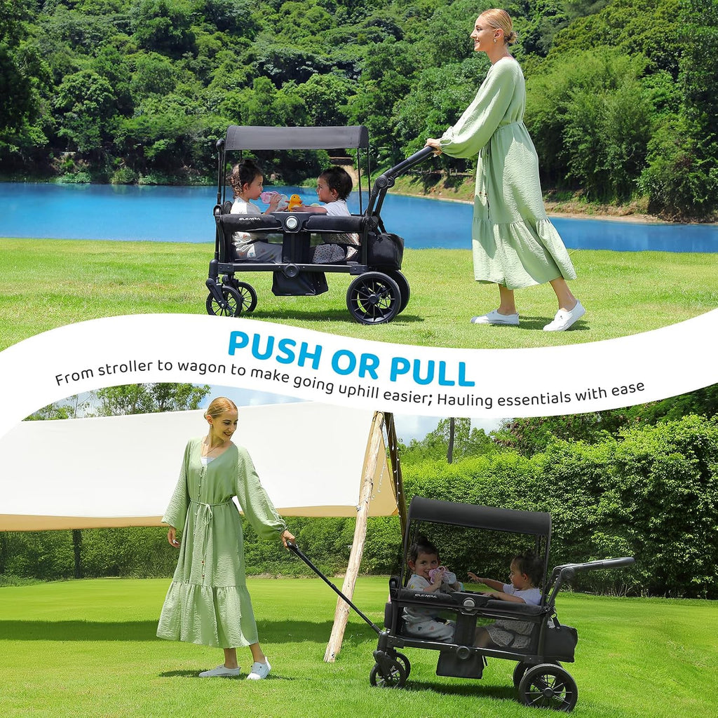 ELEMARA Foldable Wagon Stroller, Stroller Wagon for 2 Kids, Premium All Terrain Wagon for Kids with Removable Canopy, Adjustable Push/Pull Handle, Harnesses, Large Storage Bag, Black