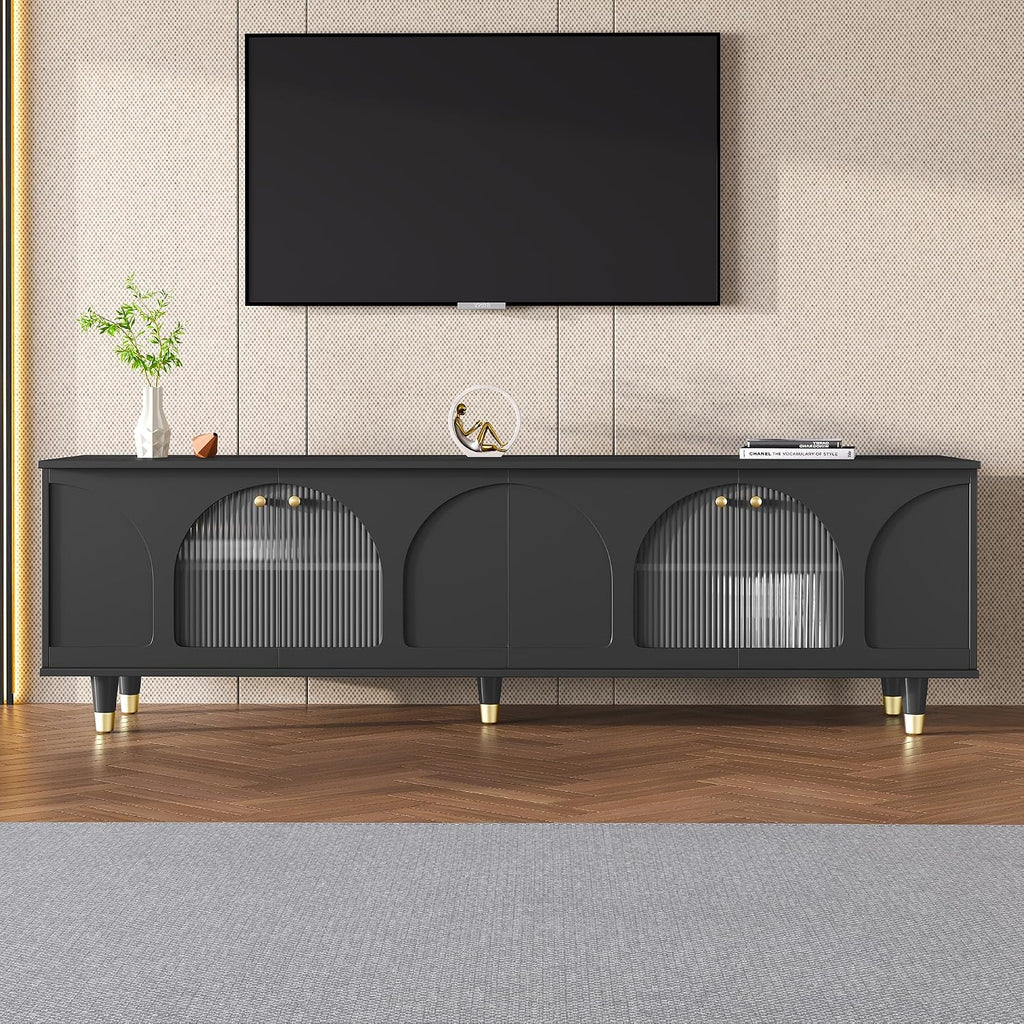 LUMISOL Modern TV Stand for 75'+ TV, Arch TV Console with Glass Door Cabinets, Wood Entertainment Center with Arch Panel Doors for Living Room, Bedroom, Black