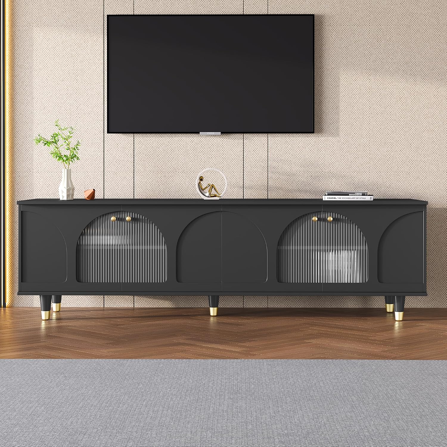 LUMISOL Modern TV Stand for 75'+ TV, Arch TV Console with Glass Door Cabinets, Wood Entertainment Center with Arch Panel Doors for Living Room, Bedroom, Black