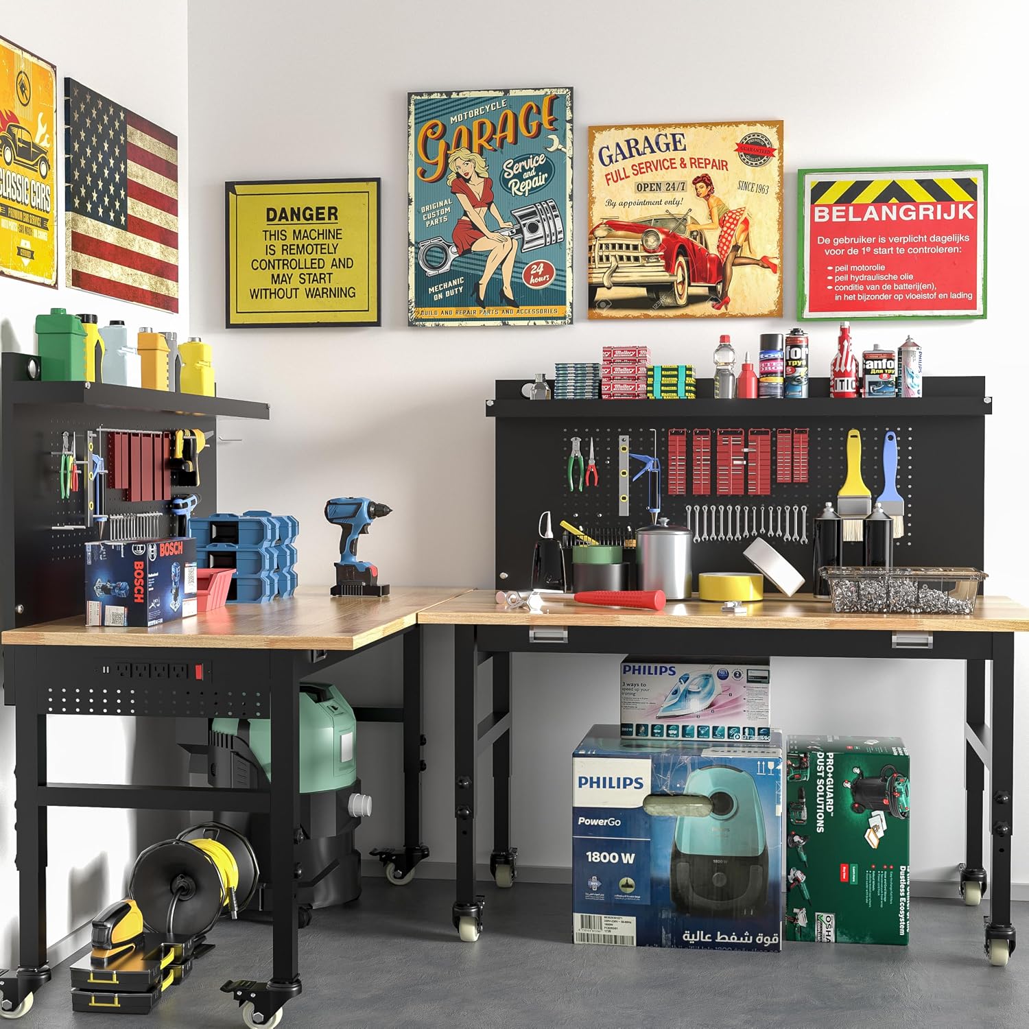 Betterhood 48' Heavy Duty Adjustable Workbench with Large Pegboard, Adjustable Work Table with Power Outlets & Lockable Wheels, Rubber Wood Workstation for Garage, Workshop, Office, Home, Commercial