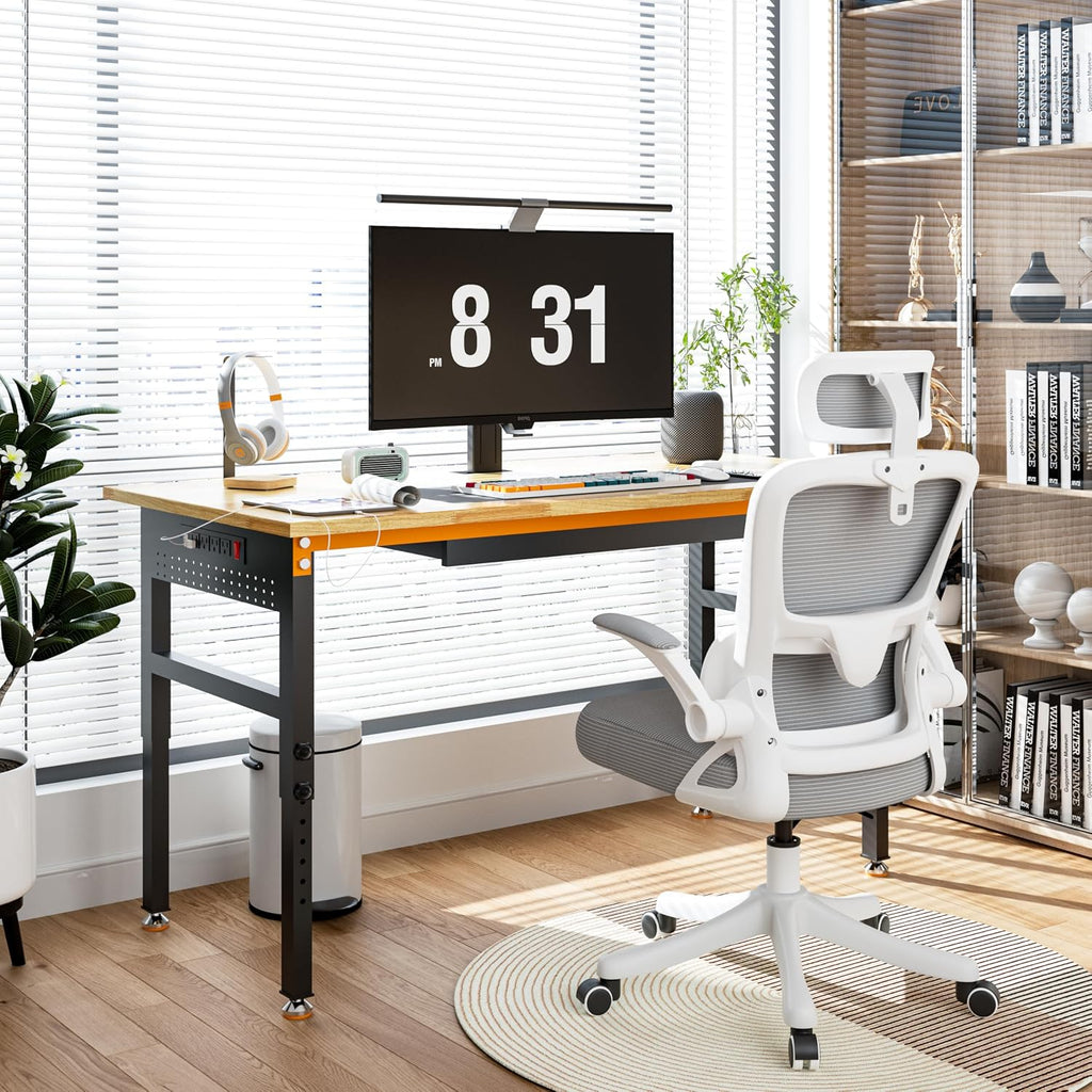 Betterhood 60' Adjustable Height Workbench, 2000 LBS Heavy Duty Work Table with Power Outlets & Pegboard, Rubber Wood Workstation for Garage, Workshop, Office, Home, Commercial