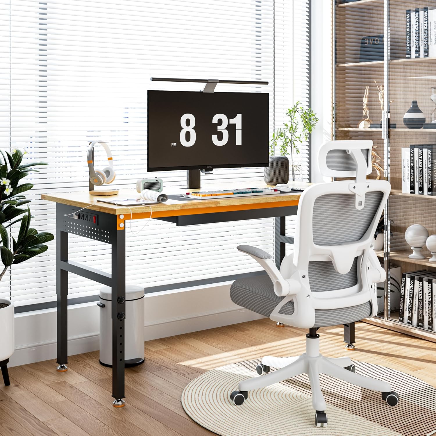 Betterhood 60' Adjustable Height Workbench, 2000 LBS Heavy Duty Work Table with Power Outlets & Pegboard, Rubber Wood Workstation for Garage, Workshop, Office, Home, Commercial