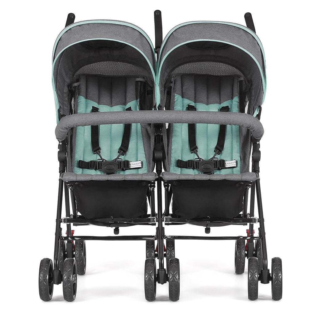 Dream On Me Volgo Twin Baby Stroller, Lightweight Side-by-Side Double Umbrella Stroller with Adjustable Canopy, 5-Point Harness, Storage Basket & Travel-Friendly Fold – Mint