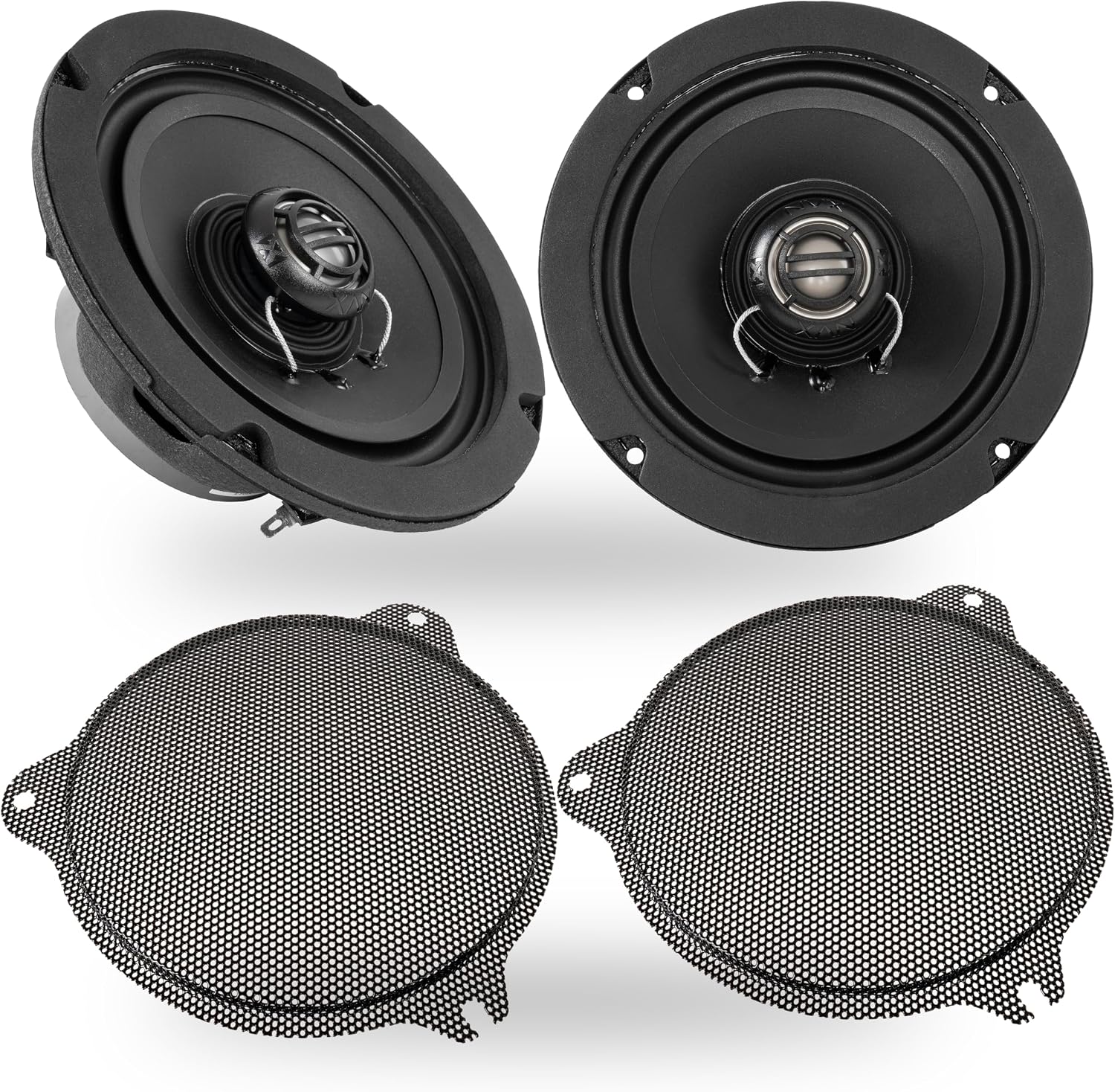 NVX® XFHD6F Premium 6.5' Motorcycle Speakers, 600W Peak (300W RMS), 2-Ohm Front Fairing Coaxials with 1' Titanium Tweeters, Waterproof, Plug-and-Play Upgrade for Harley-Davidson Touring 2014 up (Pair)