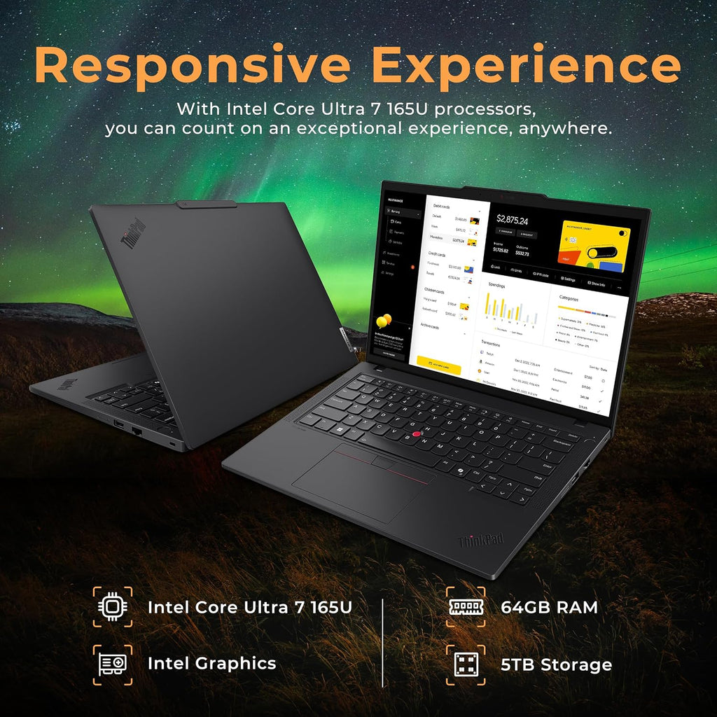 Lenovo ThinkPad T14 Gen 5 14' WUXGA Laptop, Intel Ultra 7 165U-vPro Technology, 64GB RAM, 5TB Storage(4TB SSD+1TB Docking Station Set), Backlit Keyboard, Fingerprint, Win11 Pro, Black