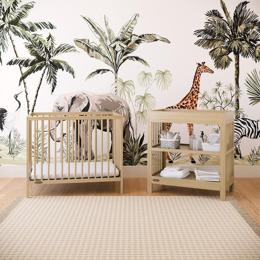 Graco Teddi 4-in-1 Convertible Mini Crib with Bonus Water-Resistant Mattress – GREENGUARD Gold Certified, 2.75-Inch Mattress Included, Small Spaces Crib, Easy 30-Minute Assembly (Driftwood)