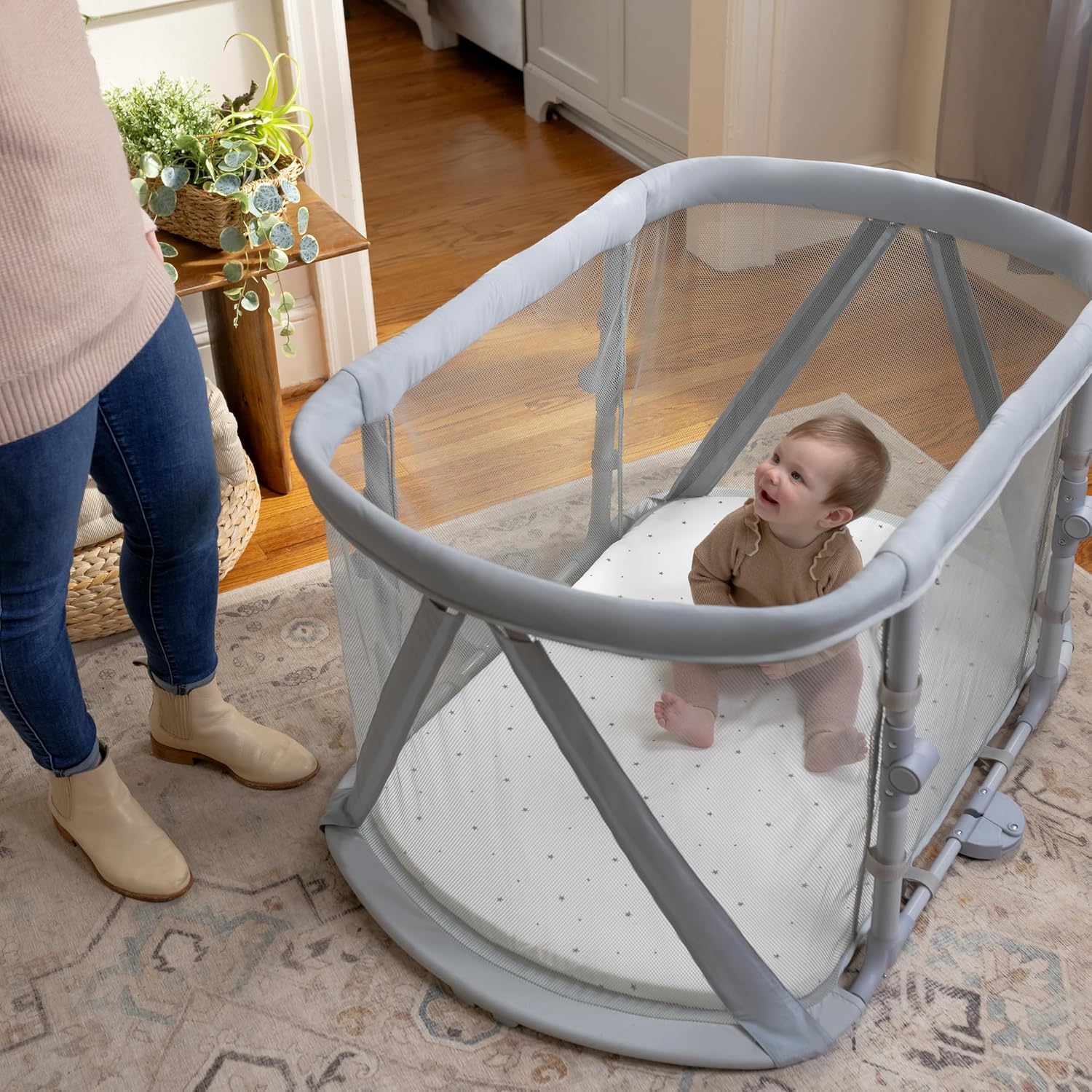 Ingenuity Dream Retreat 3-in-1 Portable Bassinet & Playard, Easy 3-Step Fold, Includes Indoor Outdoor UPF 50+ Light Blocking Shade, Mattress, & Sheet, 0-36 Months - Neutral
