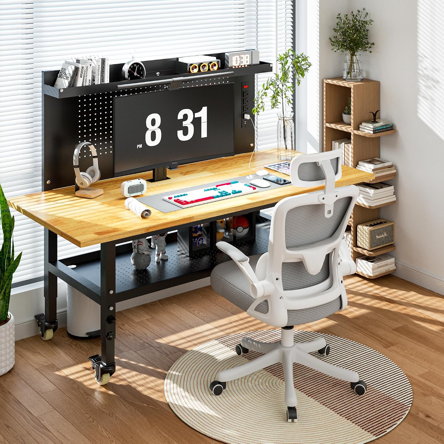 60' Heavy Duty Adjustable Workbench with Large Pegboard& Partition, Adjustable Work Table with Power Outlets & Lockable Wheels, Rubber Wood Workstation for Garage, Workshop, Office, Home, Commercial