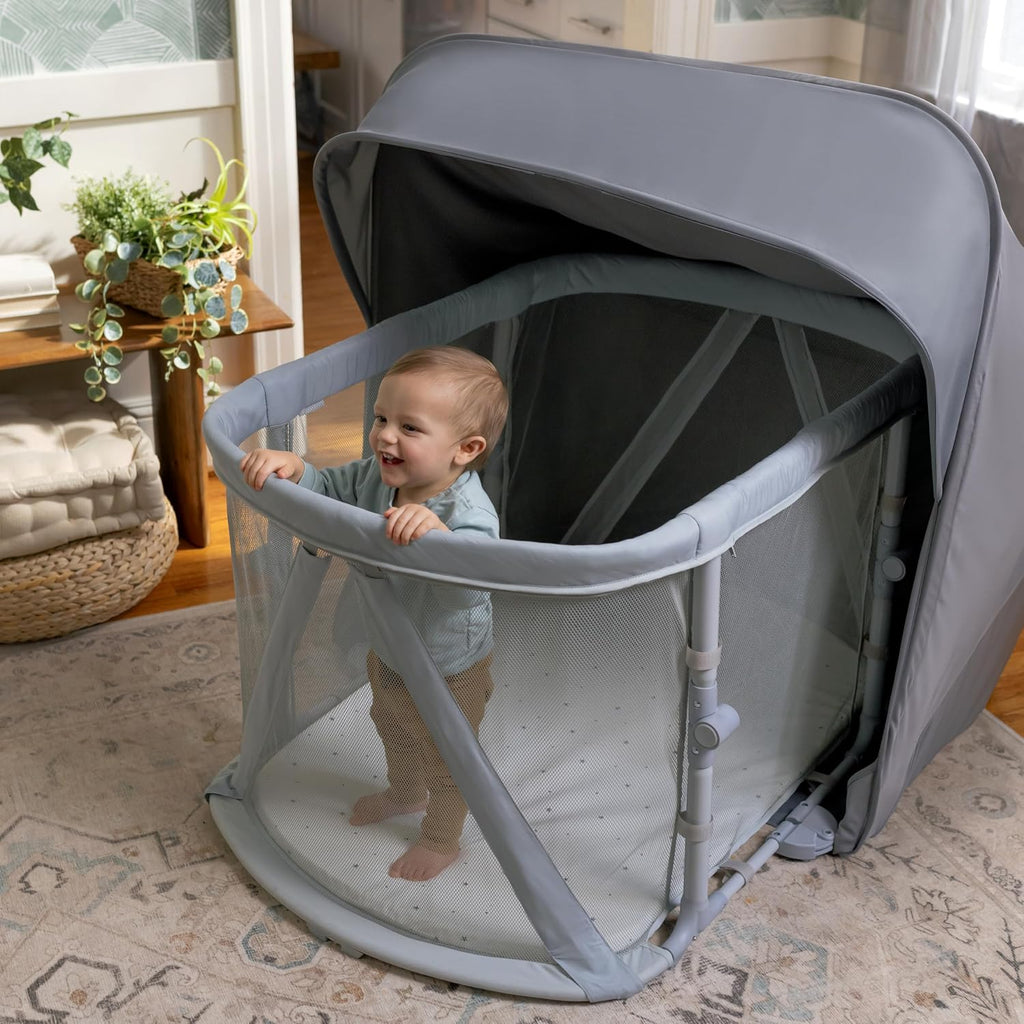 Ingenuity Dream Retreat 3-in-1 Portable Bassinet & Playard, Easy 3-Step Fold, Includes Indoor Outdoor UPF 50+ Light Blocking Shade, Mattress, & Sheet, 0-36 Months - Neutral