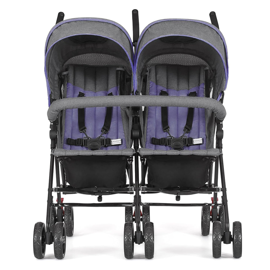 Dream On Me Volgo Twin Baby Stroller, Lightweight Side-by-Side Double Umbrella Stroller with Adjustable Canopy, 5-Point Harness, Storage Basket & Travel-Friendly Fold – Purple