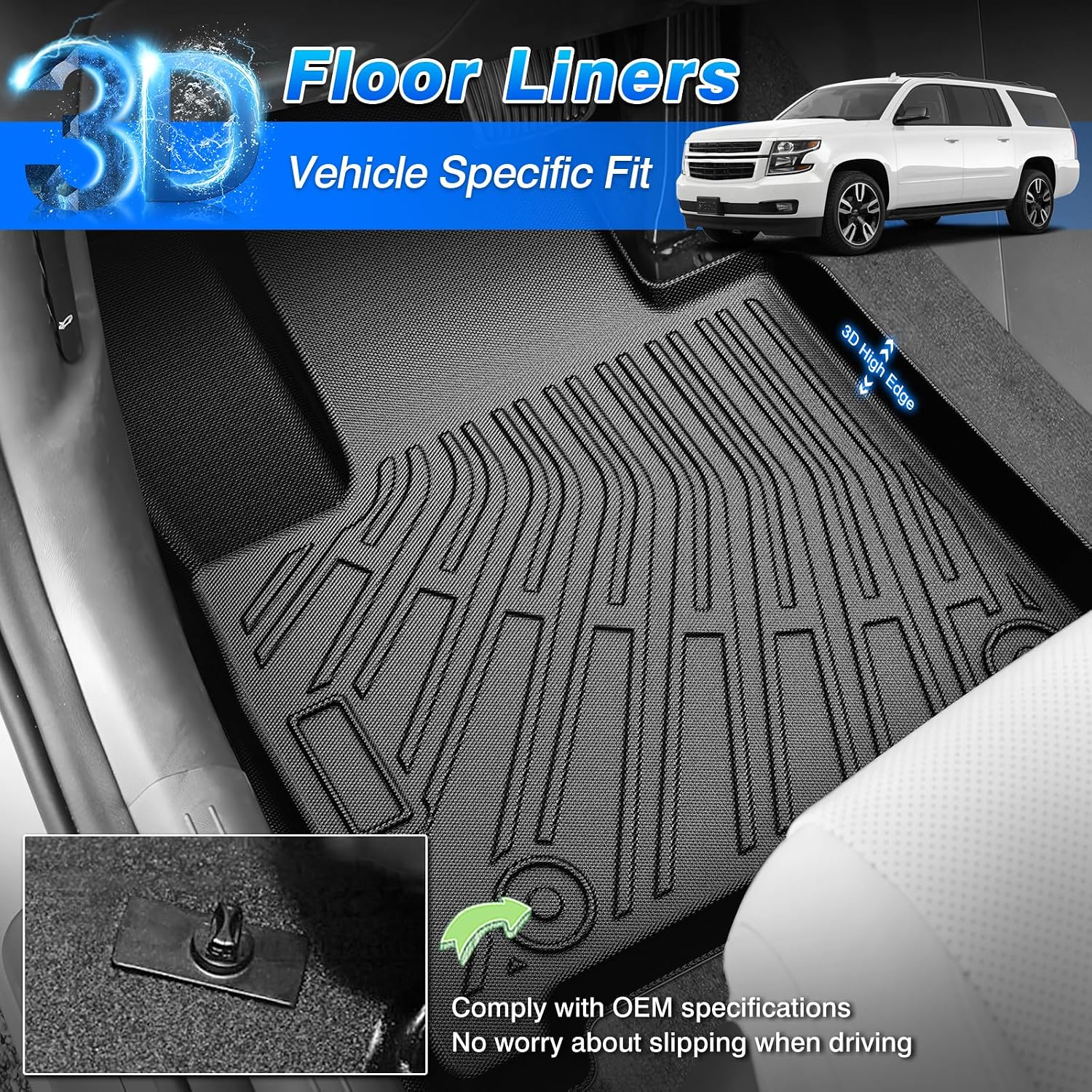 Floor Mats for 2015-2020 Chevy/Chevrolet Suburban & GMC Yukon XL 8 Seats, All Weather Cargo Liner for Suburban Accessories, Heavy Duty TPE Cargo Mats, Car Accessories