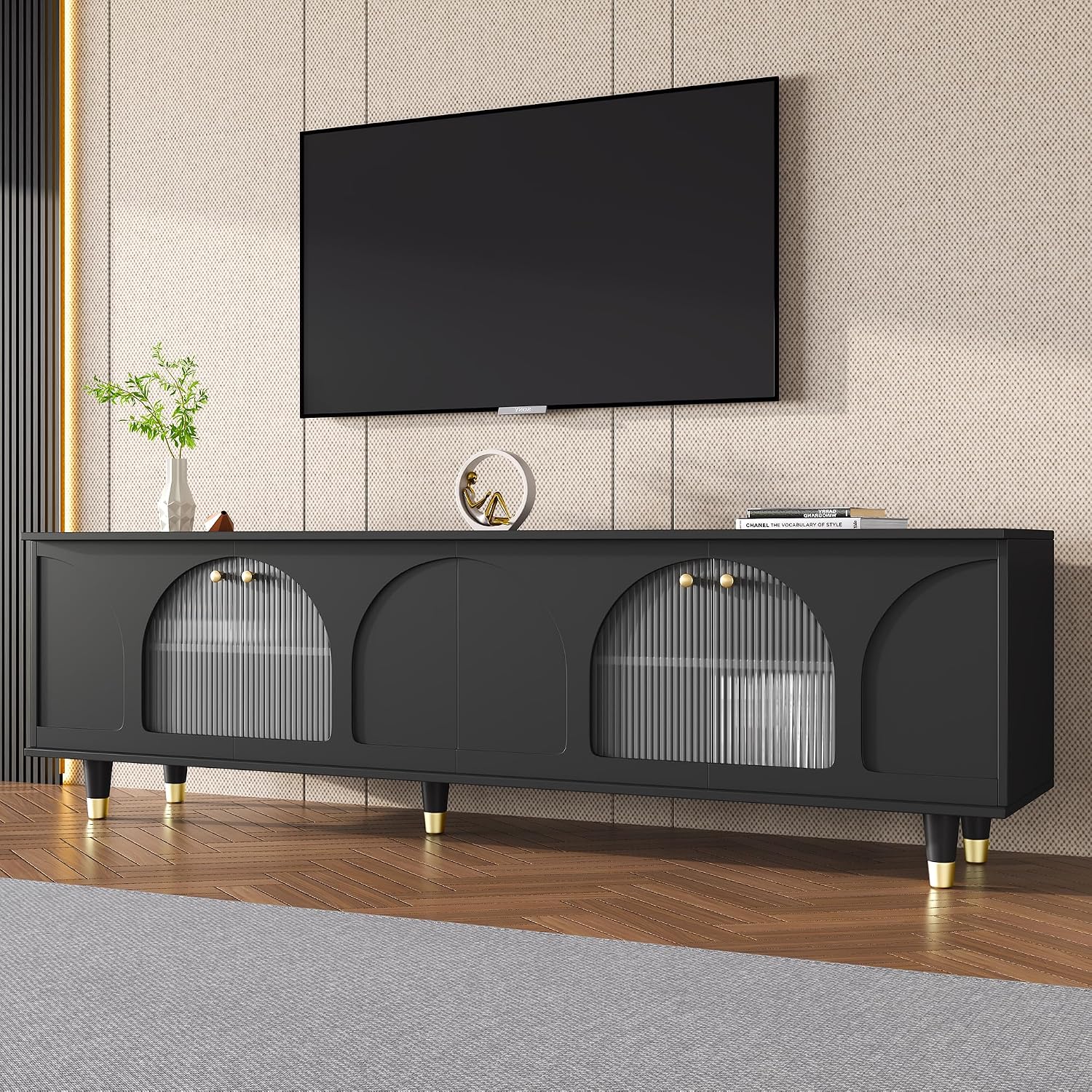 LUMISOL Modern TV Stand for 75'+ TV, Arch TV Console with Glass Door Cabinets, Wood Entertainment Center with Arch Panel Doors for Living Room, Bedroom, Black