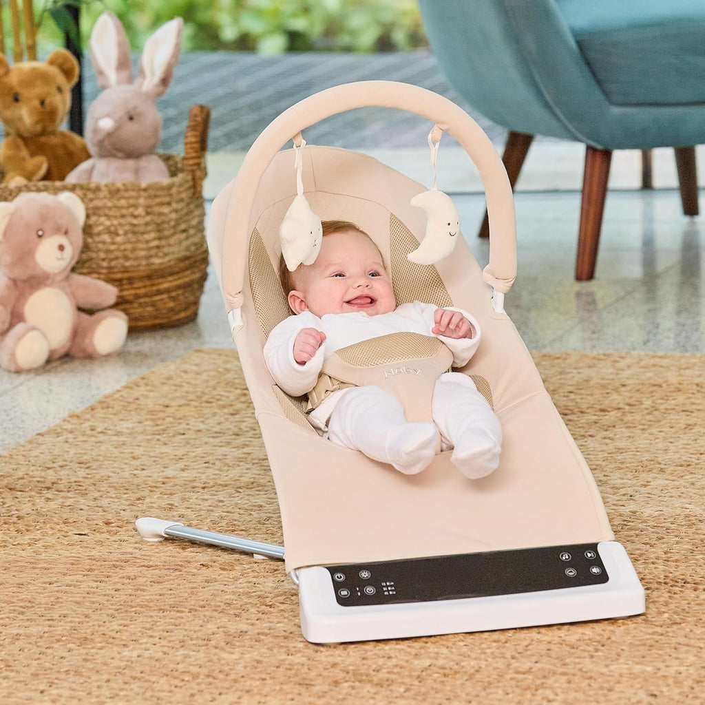 Nuby Deluxe Baby Bouncer Seat - Portable Infant Bouncer with Music, Fun Sounds, and Soothing Vibrations - Digital Display - 0-6 Months - Khaki