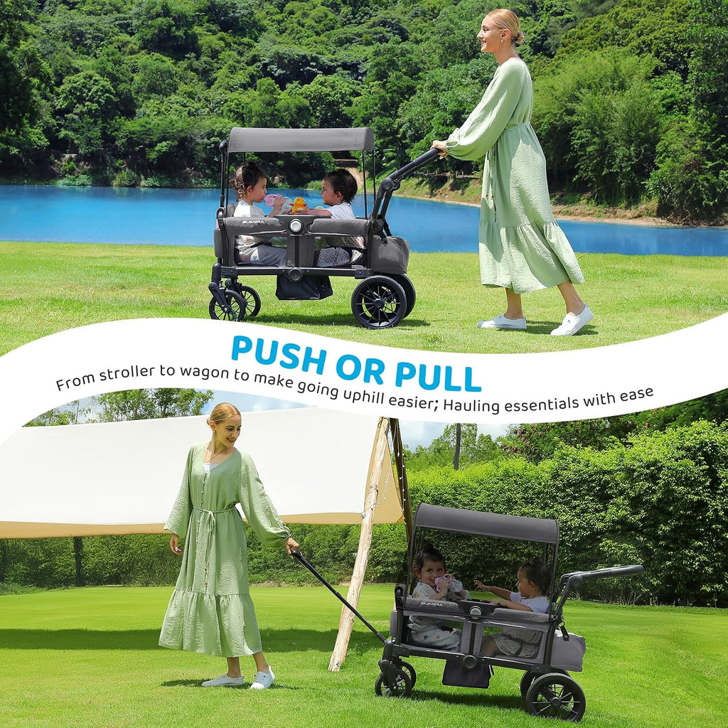 ELEMARA Foldable Wagon Stroller, Stroller Wagon for 2 Kids, Premium All Terrain Wagon for Kids with Removable Canopy, Adjustable Push/Pull Handle, Harnesses, Large Storage Bag, Gray