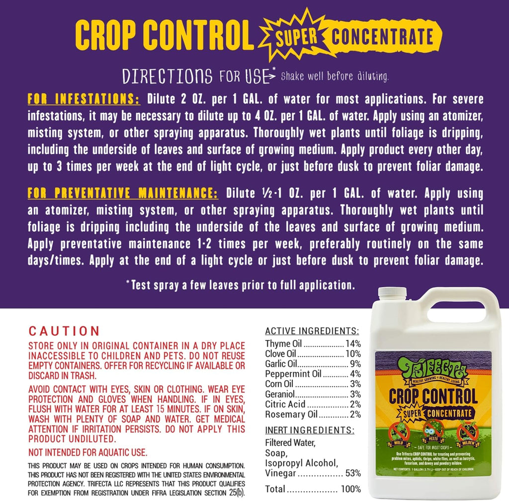 Trifecta Crop Control Super Concentrate All-in-One Natural Pesticide, Fungicide, Miticide, Insecticide, Help Defeat Spider Mites, Powdery Mildew, Botrytis, Mold, and More on Plants - Gallon