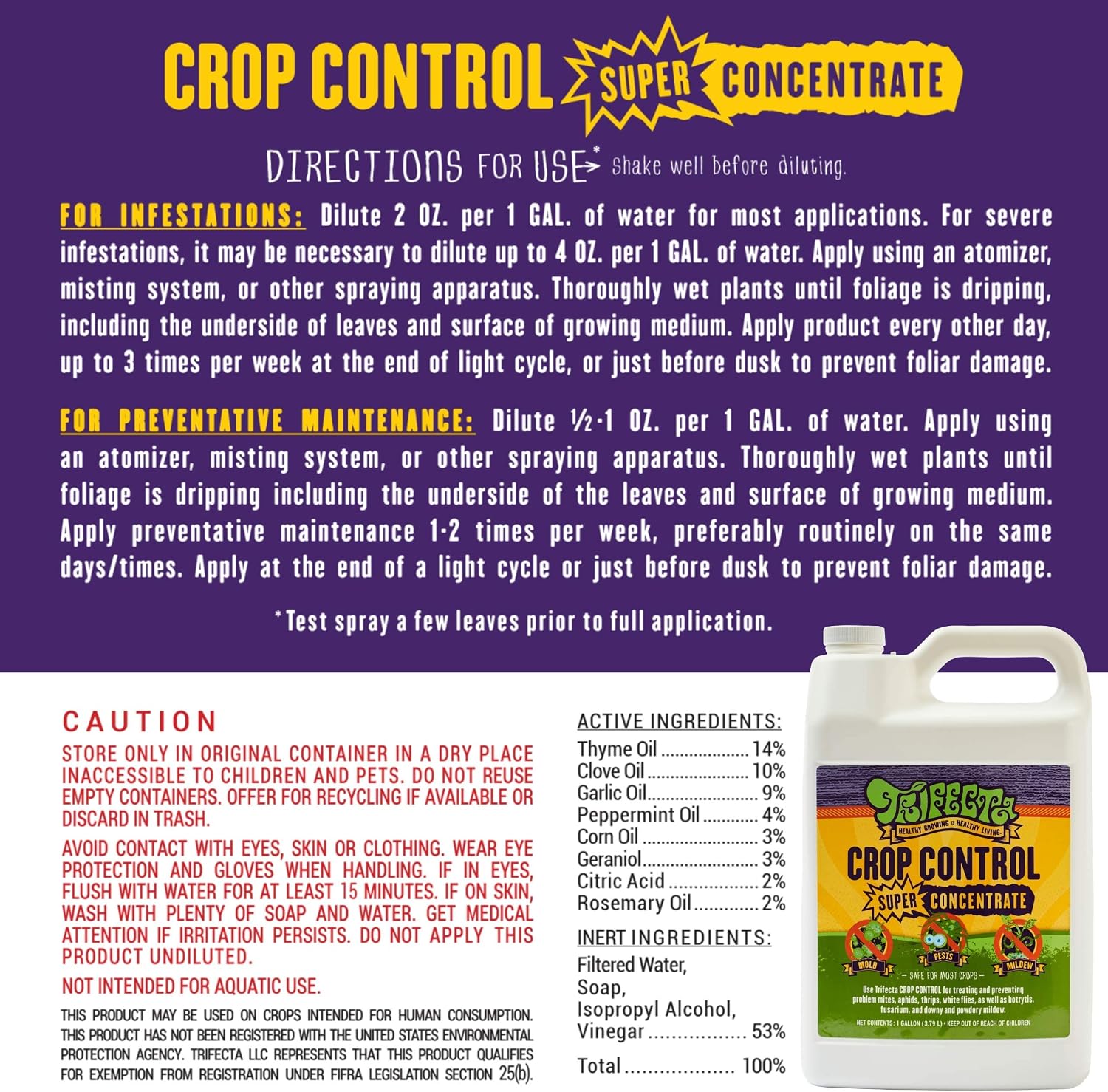 Trifecta Crop Control Super Concentrate All-in-One Natural Pesticide, Fungicide, Miticide, Insecticide, Help Defeat Spider Mites, Powdery Mildew, Botrytis, Mold, and More on Plants - Gallon