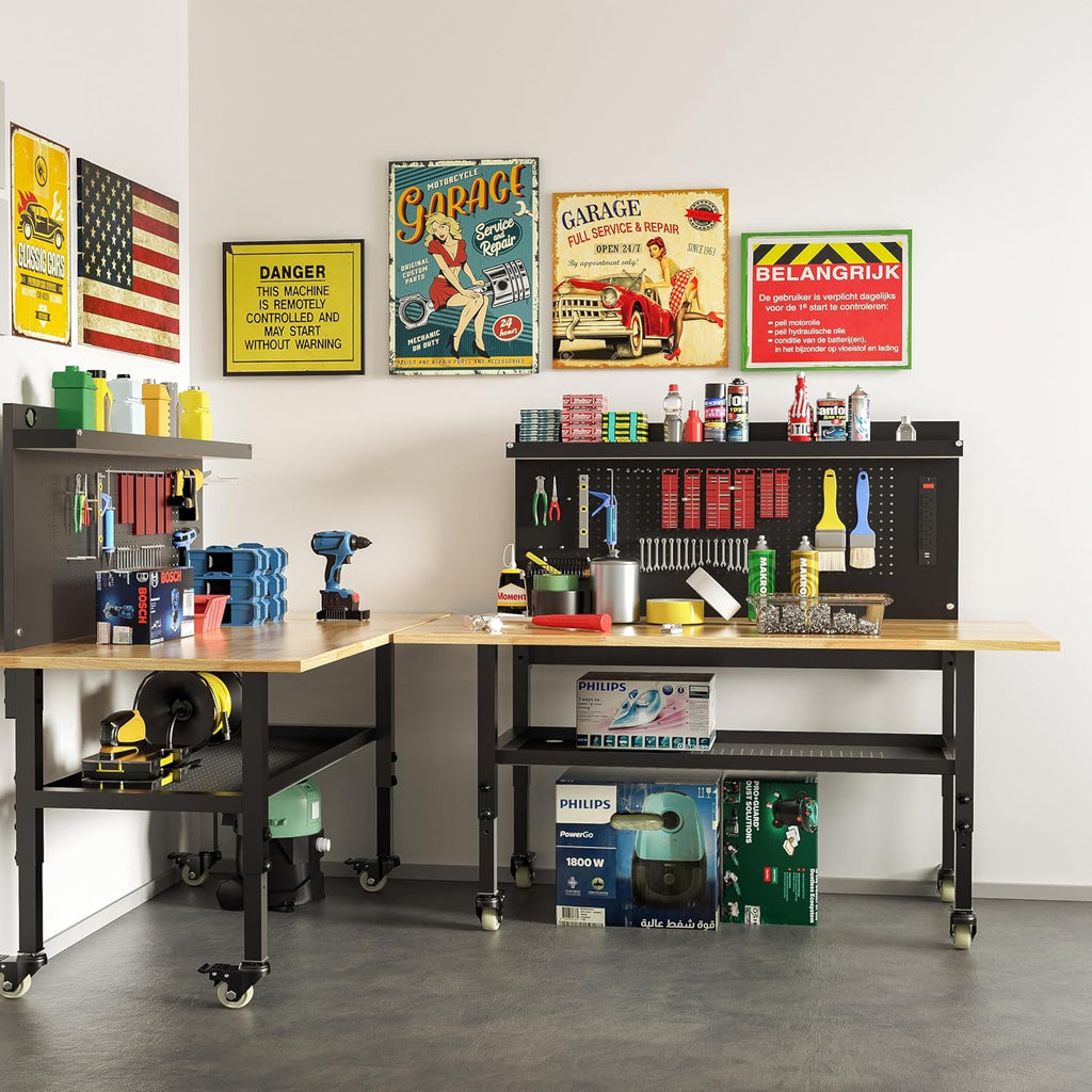 60' Heavy Duty Adjustable Workbench with Large Pegboard& Partition, Adjustable Work Table with Power Outlets & Lockable Wheels, Rubber Wood Workstation for Garage, Workshop, Office, Home, Commercial