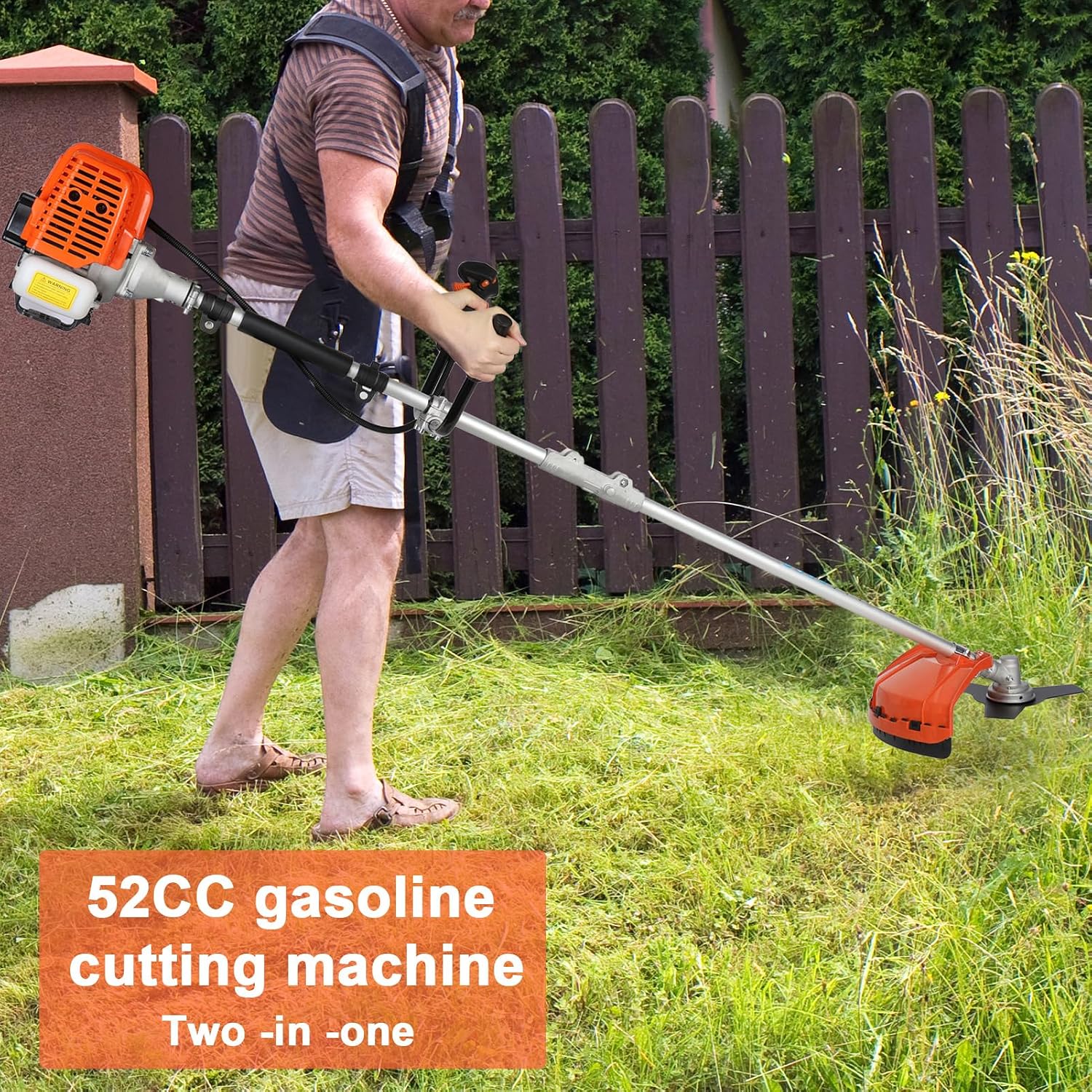 Lawn Mower, Gas String Trimmer, 52cc Weed Wacker Gas Powered, 2 in 1 Cordless Hedge Trimmer, 2-Stroke Brush Cutter, Handheld Weed Eater, Plastic Handle & Shoulder Strap Included (Orange)