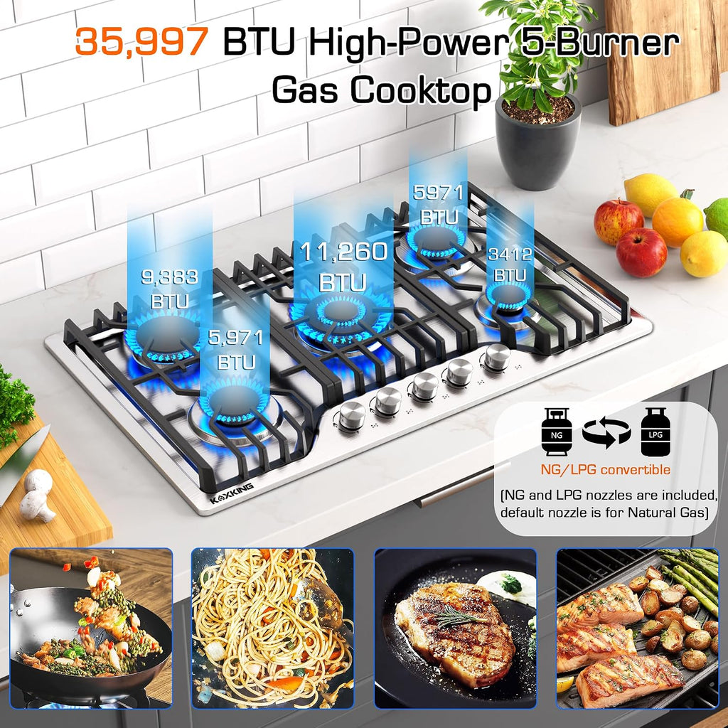 30 Inch Gas Cooktop, 5 Burner Dual Fuel Built-in Stove Top, Stainless Steel Propane/Natural Gas Cooktop with Thermocouple Protection, NG/LPG Convertible for Safe & Efficient Cooking