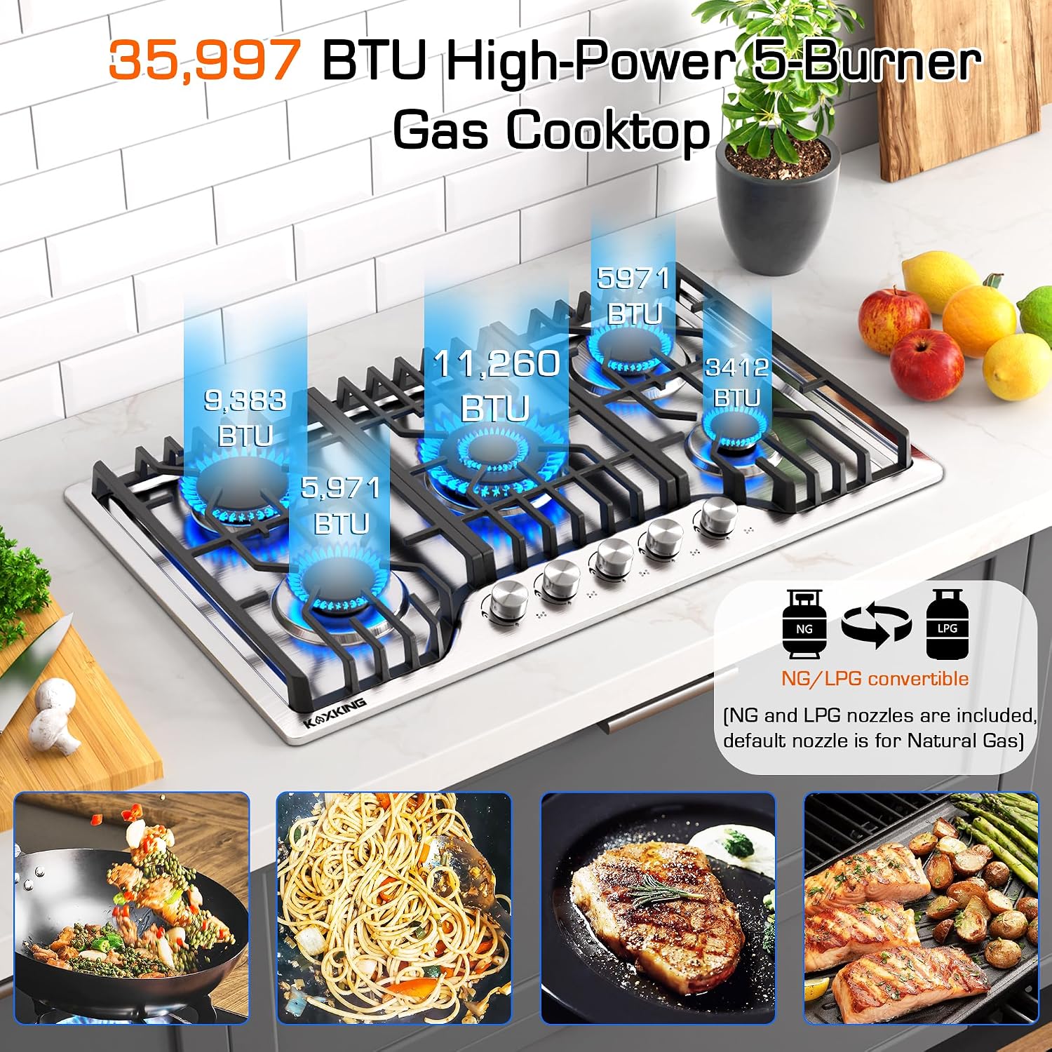 30 Inch Gas Cooktop, 5 Burner Dual Fuel Built-in Stove Top, Stainless Steel Propane/Natural Gas Cooktop with Thermocouple Protection, NG/LPG Convertible for Safe & Efficient Cooking