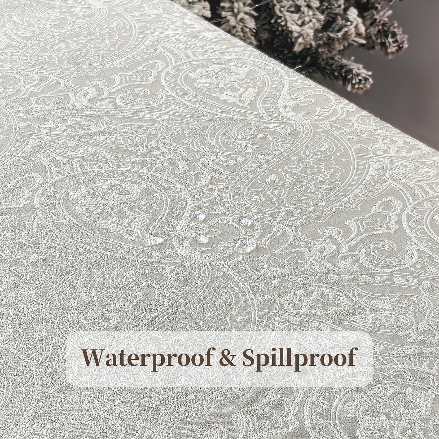 Jacquard Rectangle Tablecloth, Floral Design Thick Kitchen Dining Table Cloth, Waterproof Wrinkle Free Decorative Fabric Table Cover for Outdoor and Indoor, 132x60 Inch Milky White