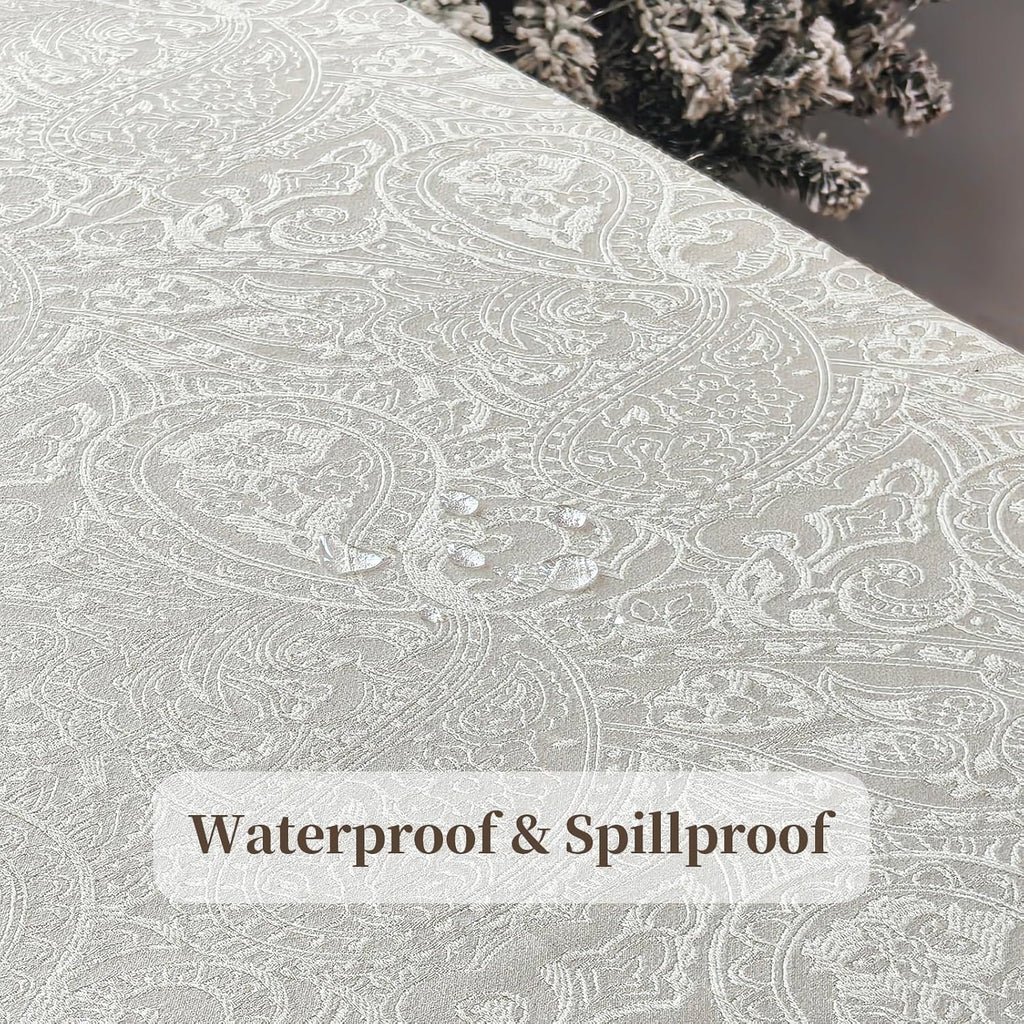 Jacquard Rectangle Tablecloth, Floral Design Thick Kitchen Dining Table Cloth, Waterproof Wrinkle Free Decorative Fabric Table Cover for Outdoor and Indoor, 156x60 Inch Milky White