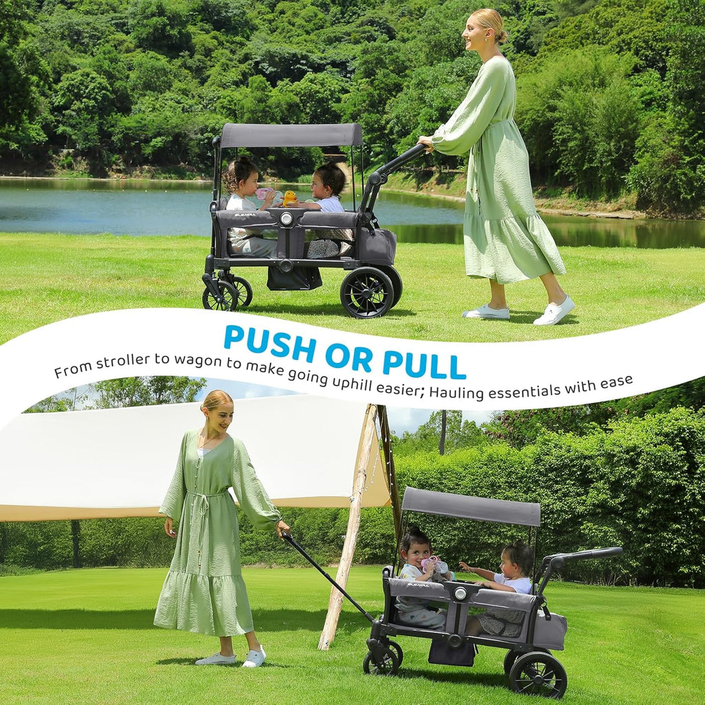 ELEMARA Foldable Wagon Stroller, Stroller Wagon for 2 Kids, Premium All Terrain Wagon for Kids with Removable Canopy, Adjustable Push/Pull Handle, Harnesses, Large Storage Bag, Grey