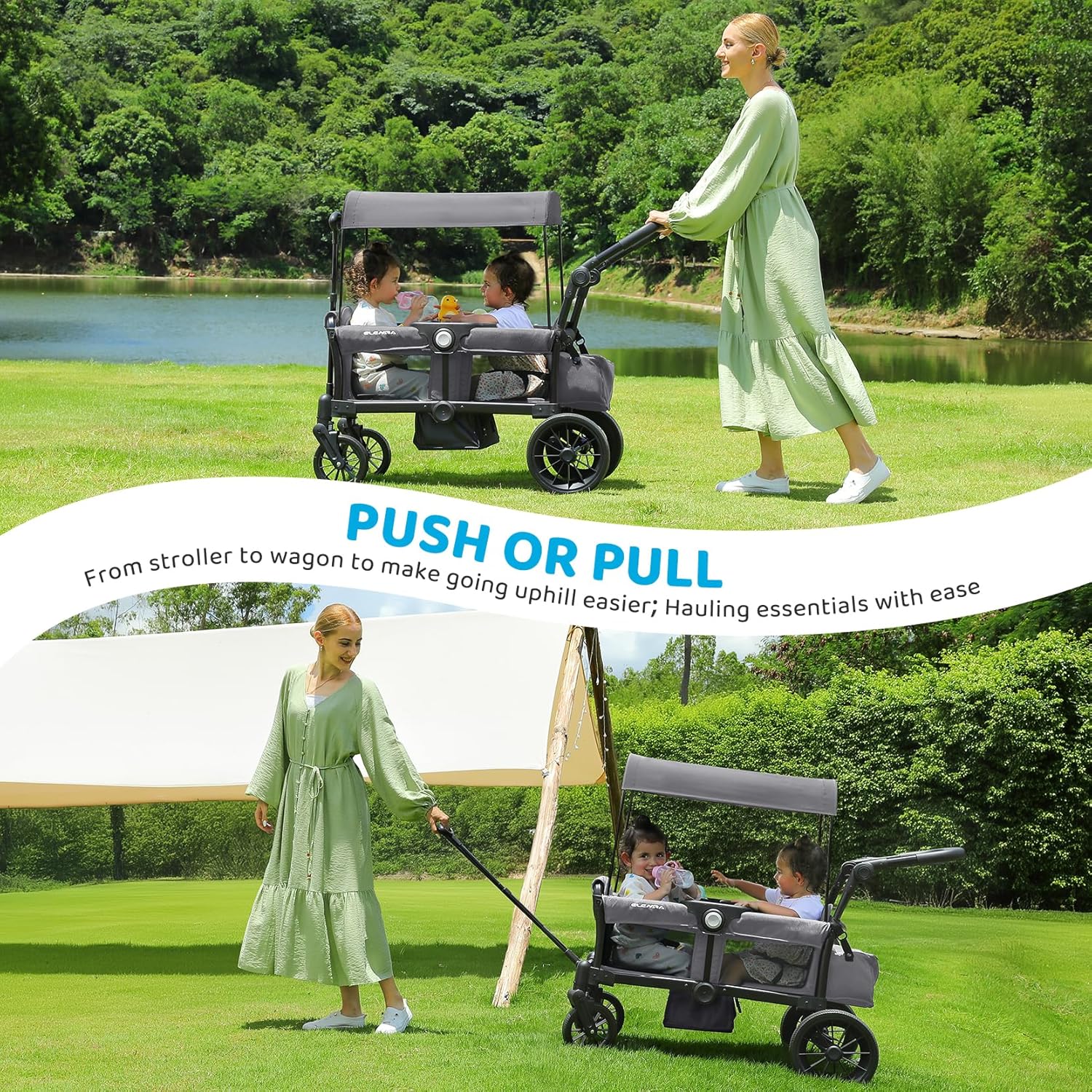 ELEMARA Foldable Wagon Stroller, Stroller Wagon for 2 Kids, Premium All Terrain Wagon for Kids with Removable Canopy, Adjustable Push/Pull Handle, Harnesses, Large Storage Bag, Grey