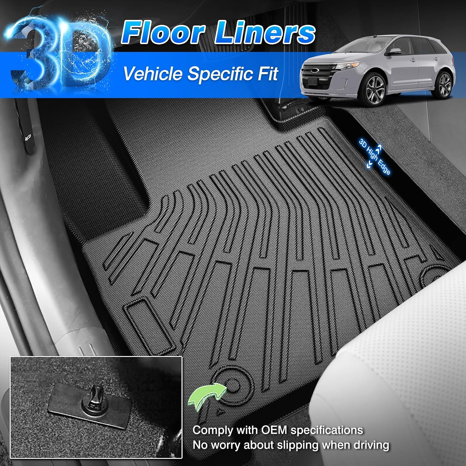 Floor Mats for Ford Edge 2007-2014 & Lincoln MKX 2007-2015, All Weather Cargo Liner for Edge Accessories, Heavy Duty TPE Cargo Mats, Car Accessories