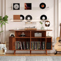 Garvee 55'' Fluted Mid Century Modern Turntable Cabinet with Vinyl Storage, Large Round Record Player Stand with Charging Station and Display Shelf, Arched Wood Record Player Table for Living Room