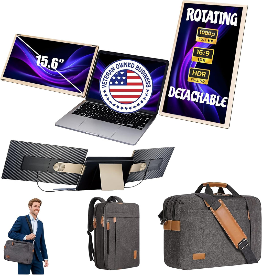 ELK 15.6' Dual Laptop Screen Extender - Laptop Bag & Cleaning Kit Included - FHD 1080P IPS - Detachable & Adjustable Monitor Extender - with Speakers - Compatible with Mac/Android/Win