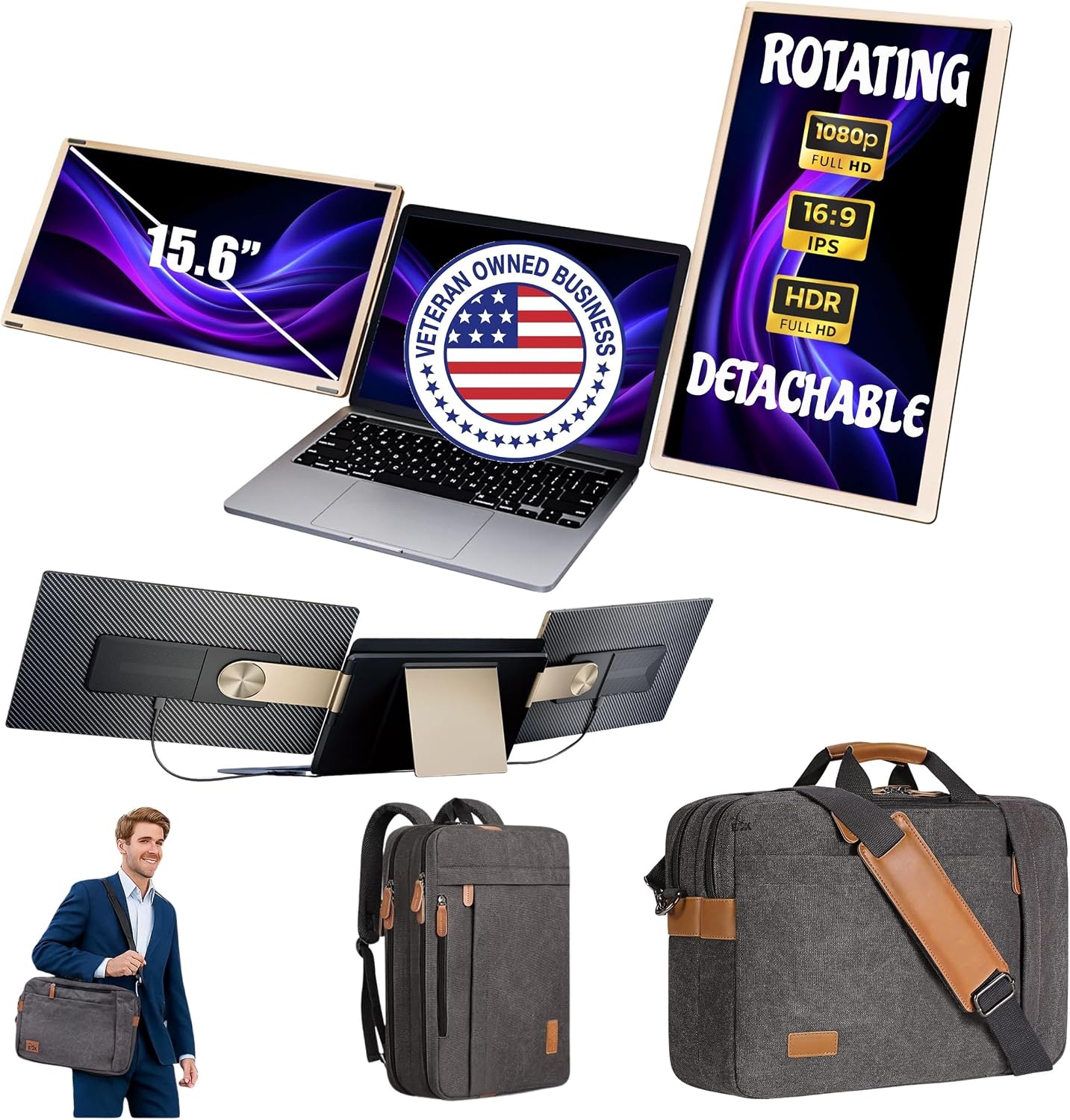 ELK 15.6' Dual Laptop Screen Extender - Laptop Bag & Cleaning Kit Included - FHD 1080P IPS - Detachable & Adjustable Monitor Extender - with Speakers - Compatible with Mac/Android/Win