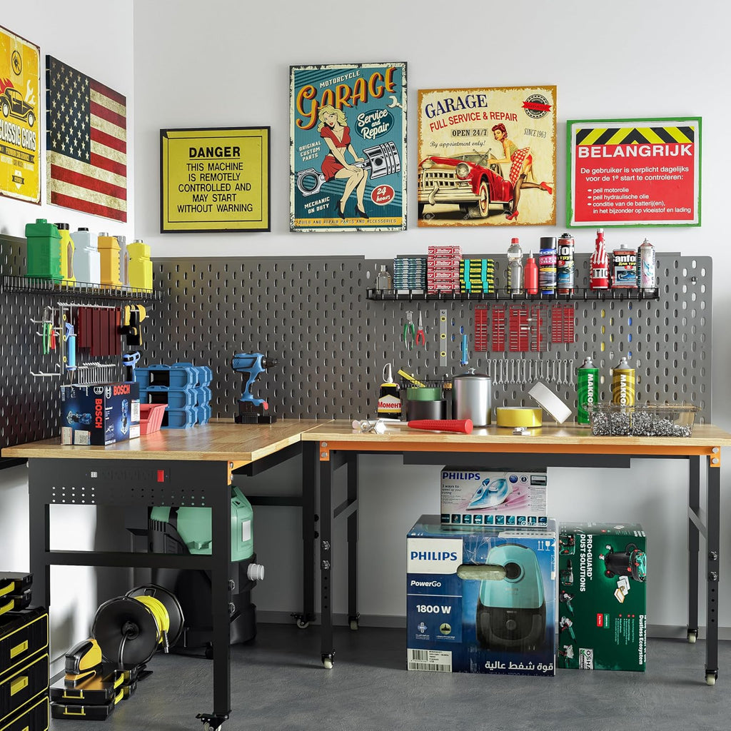 Betterhood 60' Adjustable Workbench on Wheels, 2000 LBS Heavy Duty Work Table with Power Outlets & Pegboard, Rubber Wood Workstation for Garage, Workshop, Office, Home, Commercial