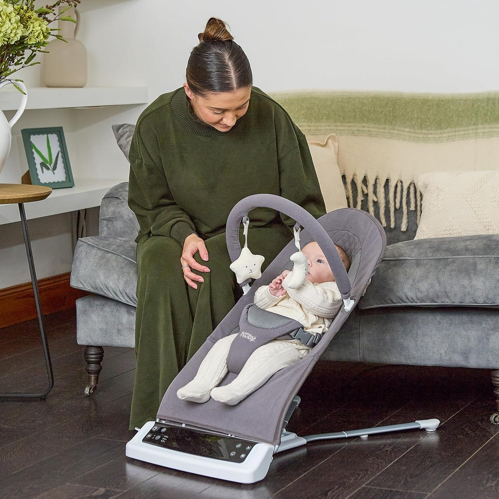 Nuby Deluxe Baby Bouncer Seat - Portable Infant Bouncer with Music, Fun Sounds, and Soothing Vibrations - Digital Display - 0-6 Months - Gray