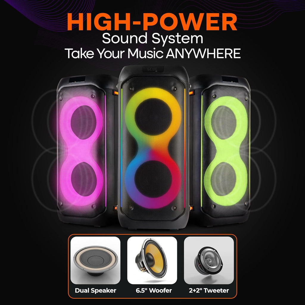 Pyle Compact Bluetooth PA Party Speaker System – 160W Portable Karaoke Machine with Built-in Battery, TWS, Mic Priority, USB/SD/BT/FM, Flashing LED Lights, Dual 6.5' Speakers, 11.6' x 11.6' x 25.2'