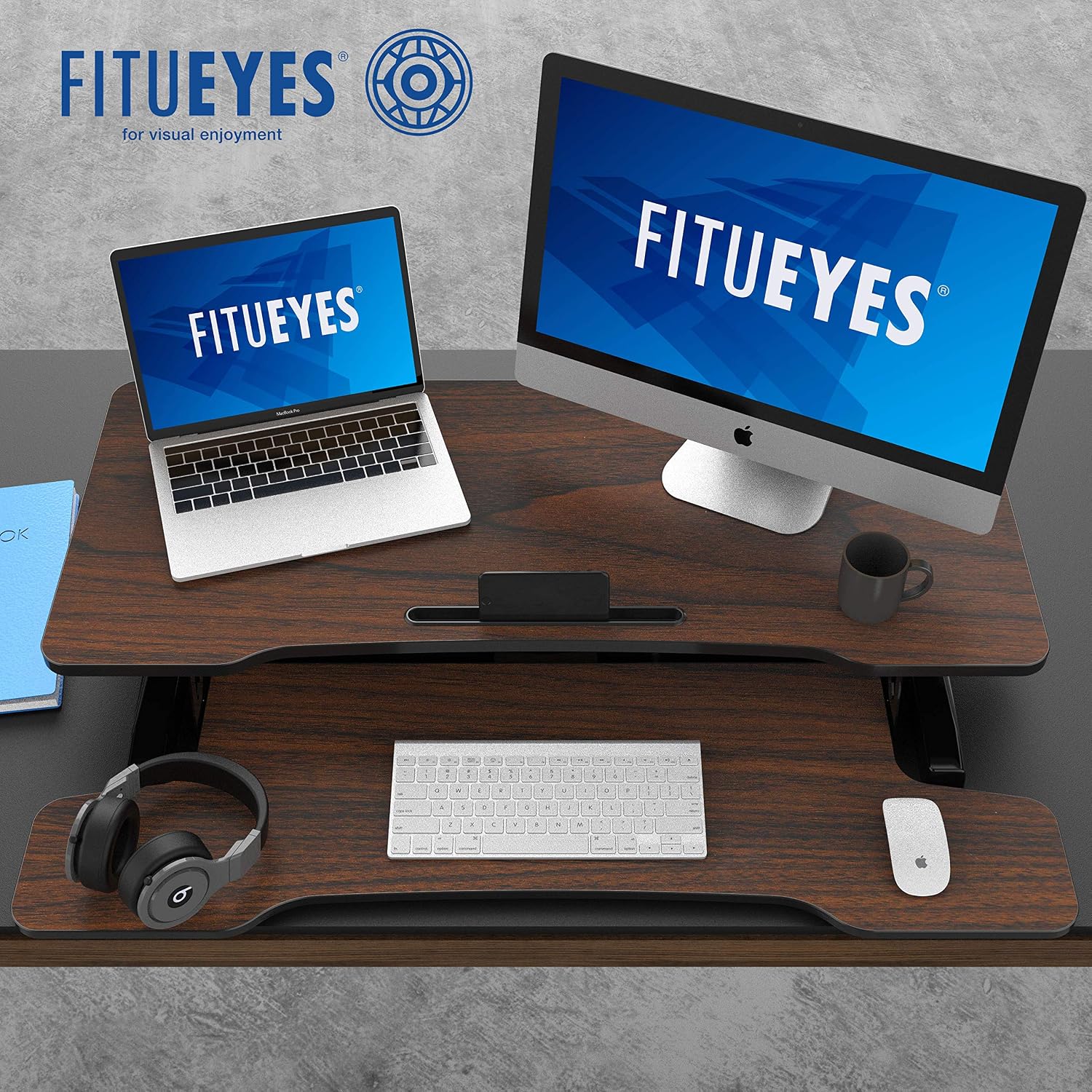 FITUEYES Height Adjustable Standing Desk 36' Wide Sit to Stand Converter Stand Up Desk Tabletop Workstation for Laptops Dual Monitor Riser Brown SD309102WE